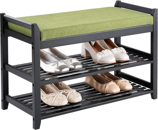 Shoe Rack Bench with Storage 27.6 in, Black Shoe Storage Bench with Cushion for Entryway, Hallway, Bedroom, Living Room