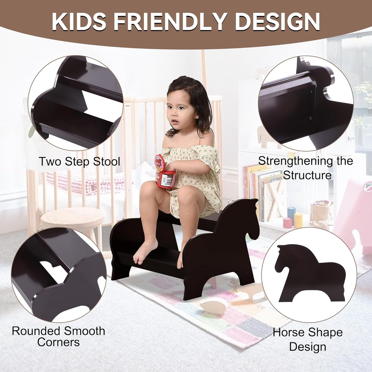Wood Step Stools for Kids, Child Two Step Stool of Horse Shape, Toddler Step Stools Potty Training Stool, Easy to Move Safety for Kitchen, Bathroom, Bedroom, Toilet