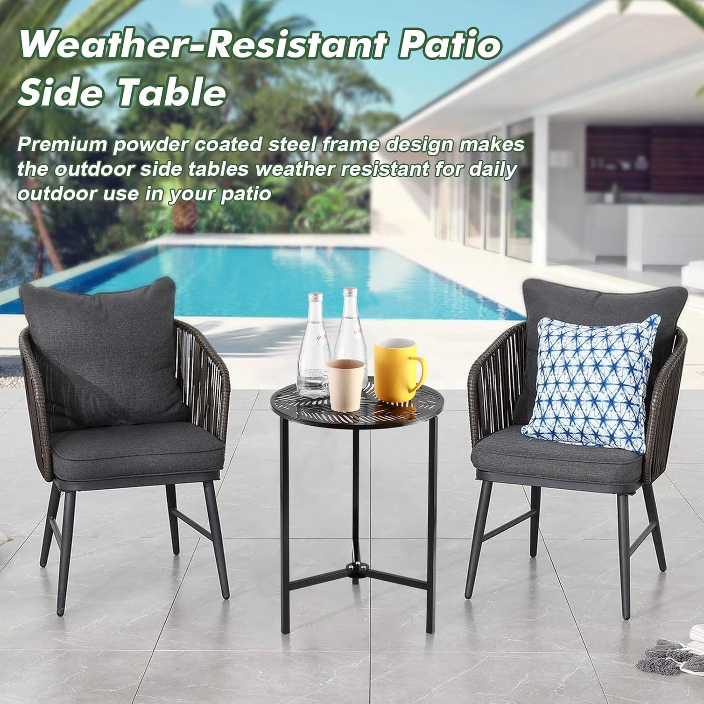 1 Packs 13" Metal Outdoor Side Tables Small Black Outside End Table for Patio Round Accent Corner Stand for Small Spaces Weather-Resistant Coffee Table for Balcony Porch Plant Stand, Tropical Leaves