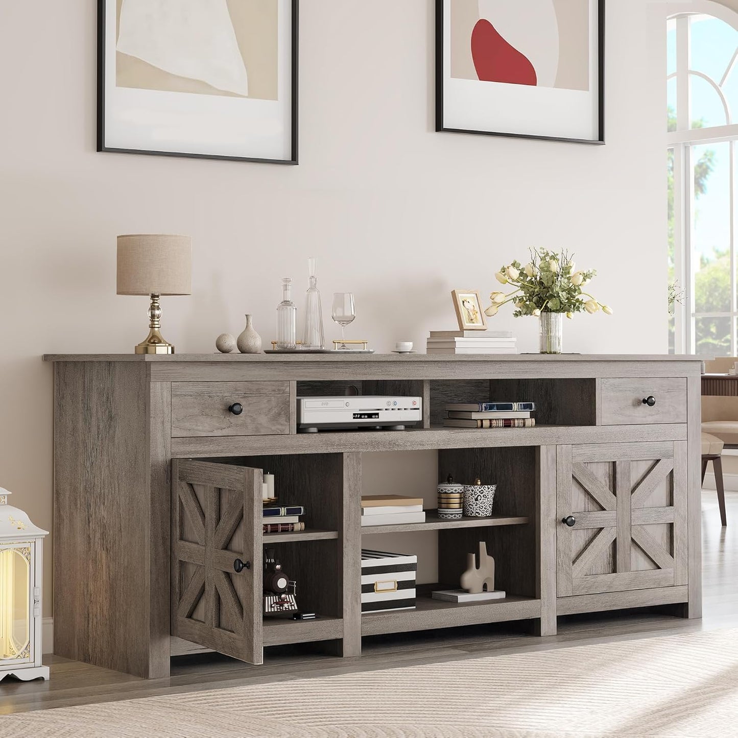 YITAHOME TV Stand for 75/80 Inch TV, Farmhouse Entertainment Center with Storage, 70 Inch TV Cabinet with Drawers and Power Outlet, TV Console for Living Room (Grey Oak)