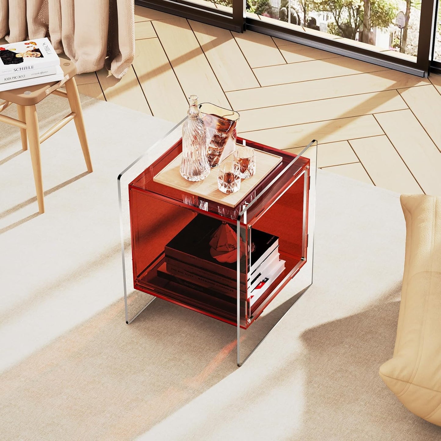 Acrylic Nightstand Colorful Bedside Table with Open Storage Shelf,Clear Side Table for Living Room (1, Red)