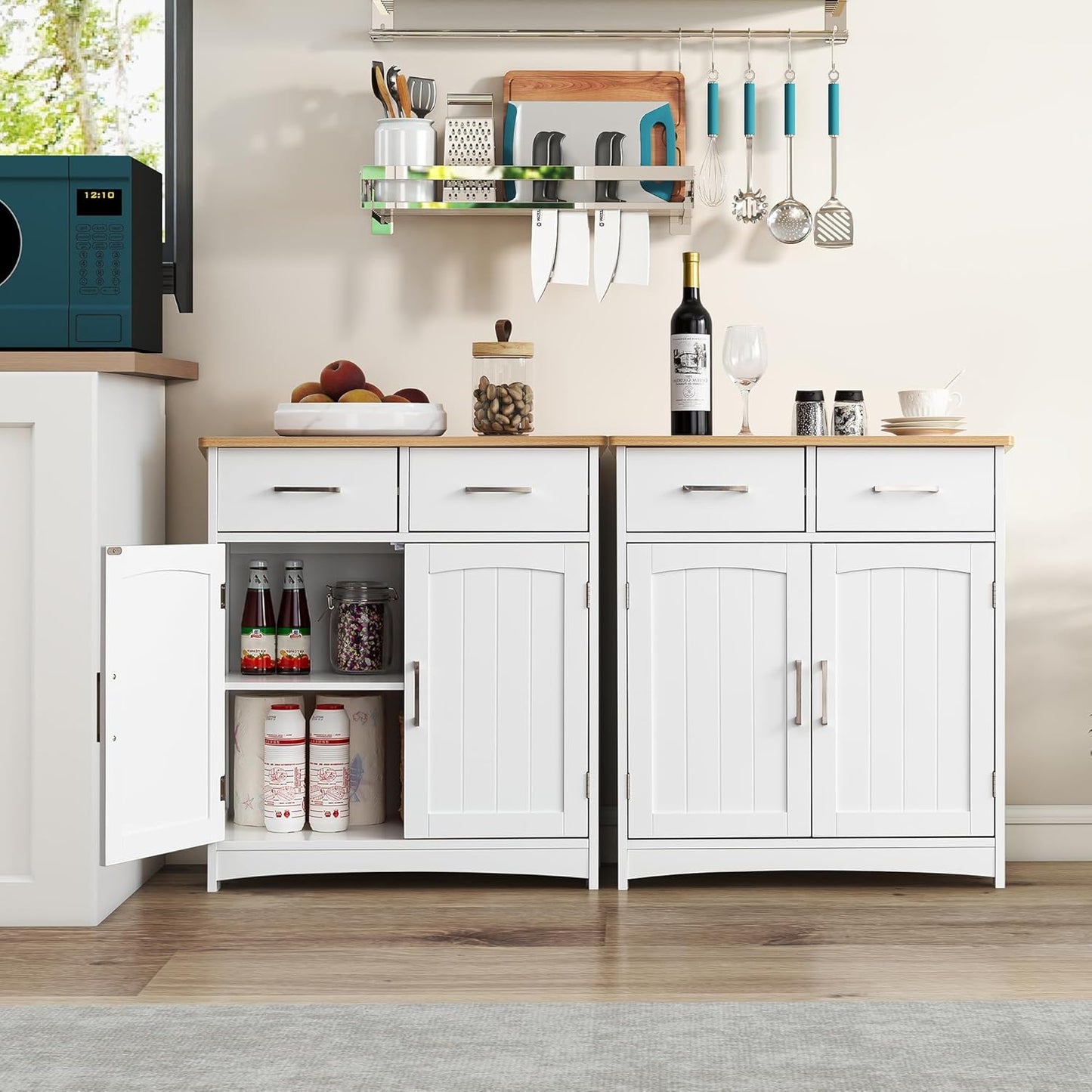 Buffet Cabinet with Storage, Coffee Bar Cabinet 26 x 30 Inches, Oak Top Sideboard Cabinet, Matte White Finish, Anti-Fall Drawers, Arched Doors, Adjustable Shelves