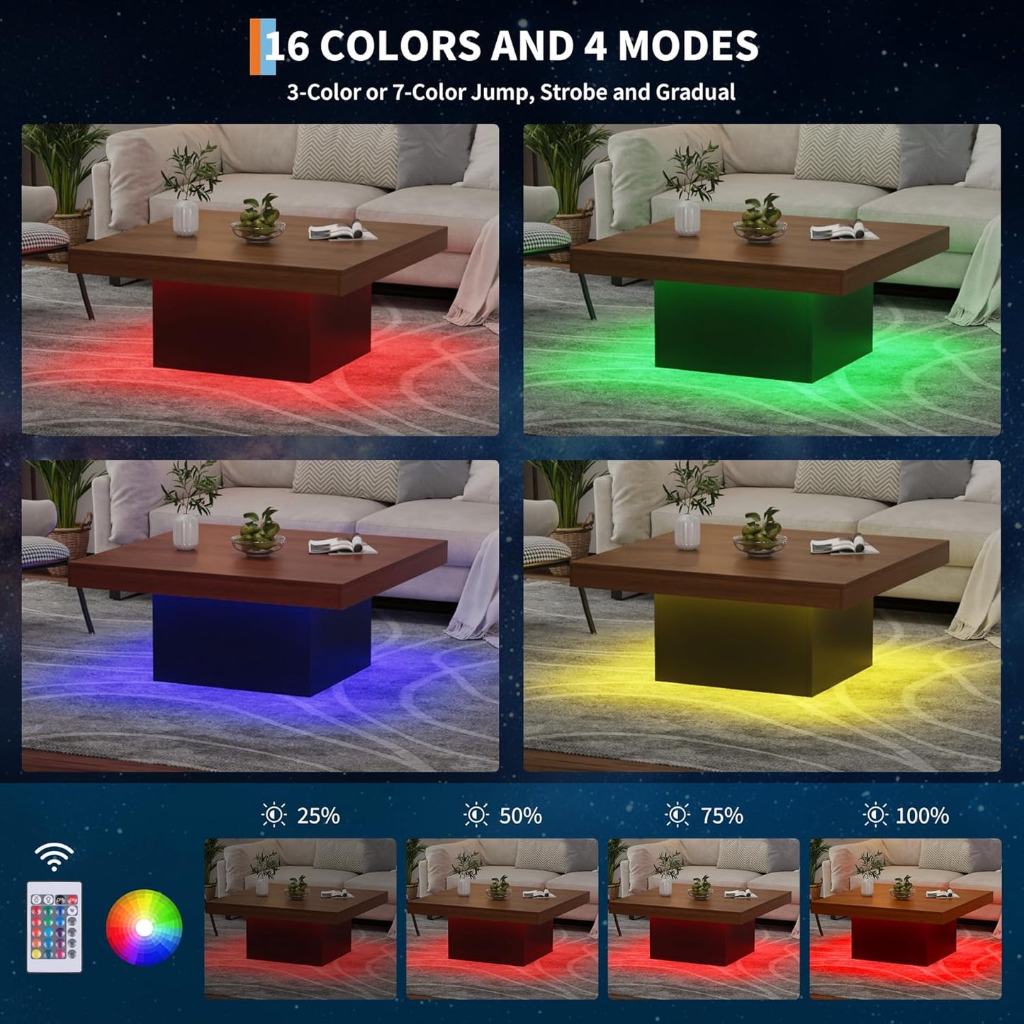GarveeHome Square Coffee Table with Led Lights, 35 inch Living Room Tables, Modern Coffee Tables with Plug-in 16-Color LED Lights, Cocktail Table for Home Office, Apartment, Reading Room