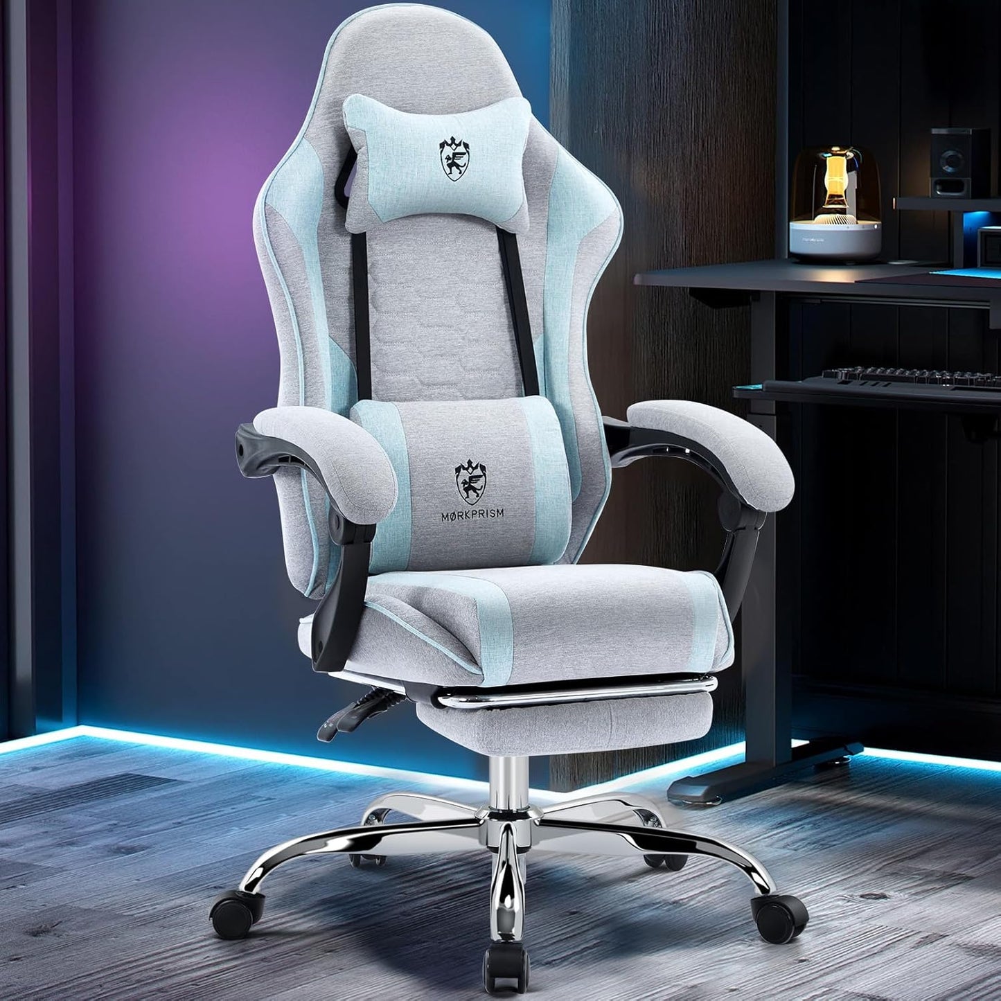 Gaming Chair Breathable Fabric,Computer Office Chair with Footrest,Massage Lumbar Support and Gel Pad,Ergonomic Reclining Adjustable Gamer Chair with Headrest and Spring Cushion Grey Blue