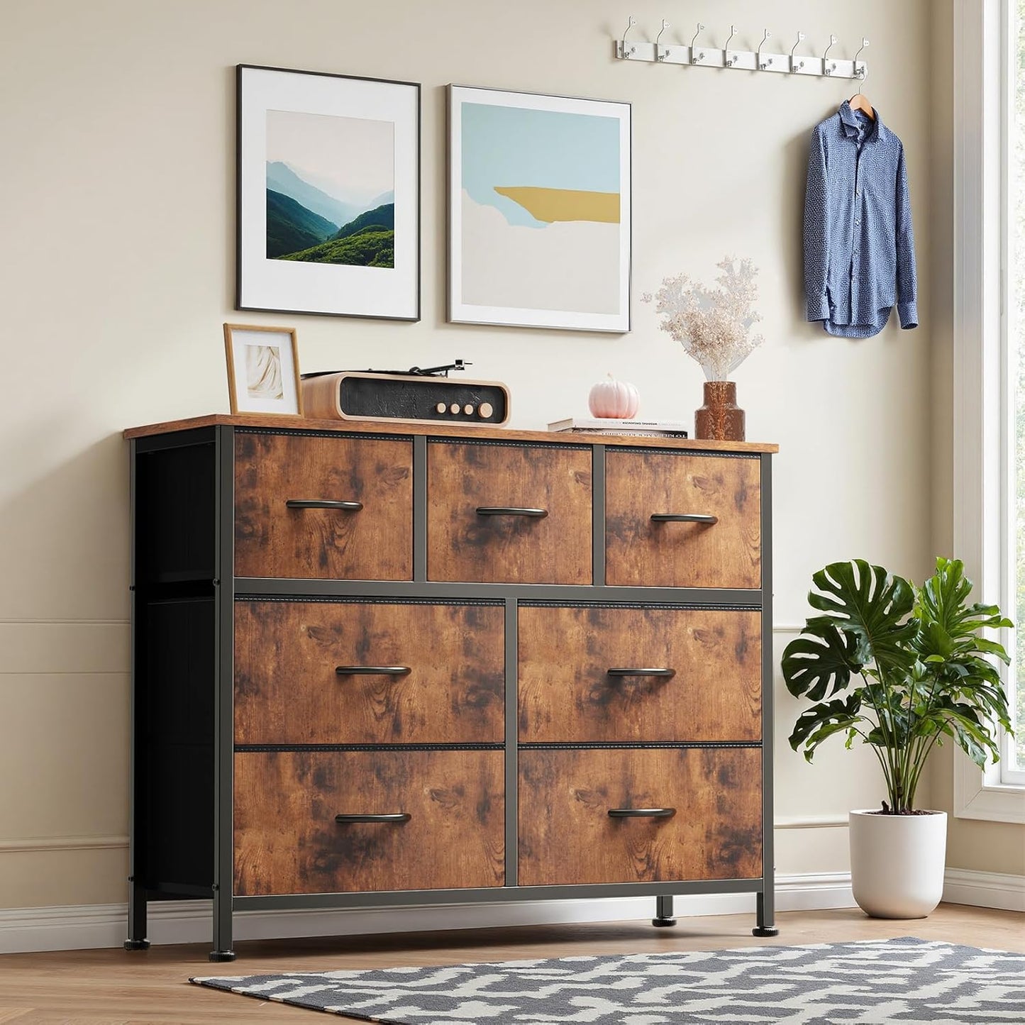 DUMOS Dresser for Bedroom with 7 Drawers, Storage Organizer Units Furniture, Chest Tower TV Stand with Fabric Bins, Metal Frame, Wooden Top for Nursery, Living Room, Bedroom, Closet, Brown