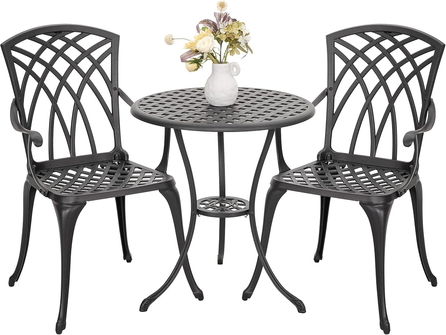 NUU GARDEN Bistro Set 3 Piece Outdoor All Weather Cast Aluminum Patio Bistro Set Patio Table and Chairs Set of 2 with Umbrella Hole for Backyard, Balcony, Front Porch, Lawn, Black