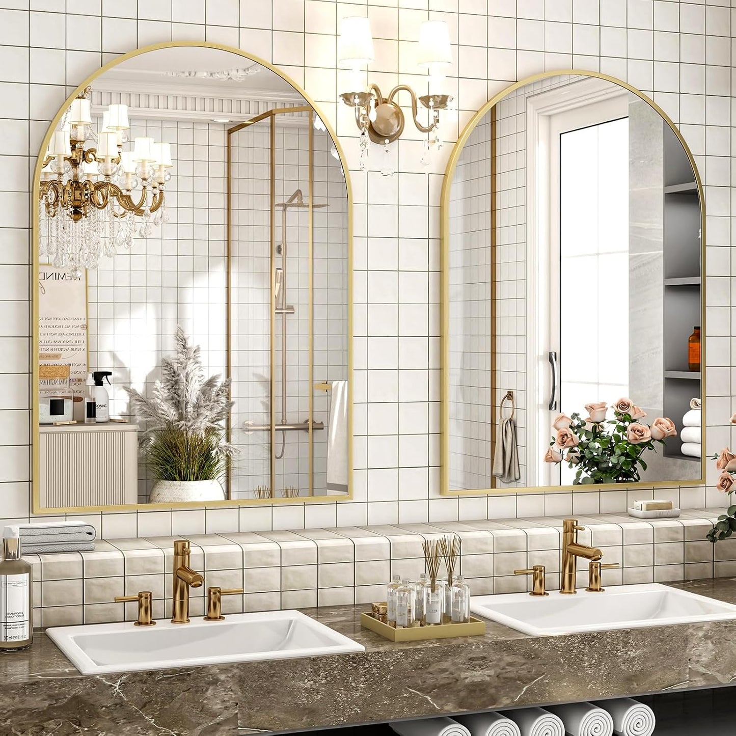 30x38 Inch Arched Bathroom Mirror - Gold Metal Frame Wall Mounted Vanity Mirror for Bathroom, Bedroom, Living Room, Hanging or Leaning Decorative Mirror