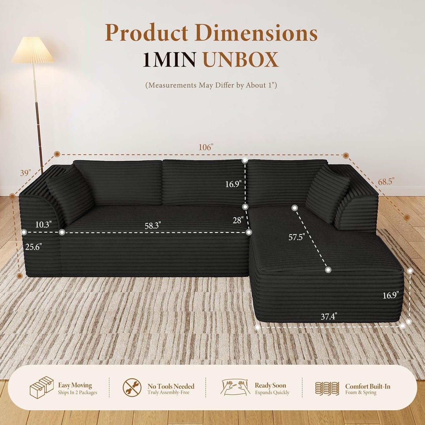 Vesgantti 106" Modular Sectional Sofa with Chaise, Deep Seat Comfy Cloud Couch Corduroy L Shaped Sofa Sectional Couches for Living Room Bedroom, No Assembly Required (Black, Right-Facing Chaise)