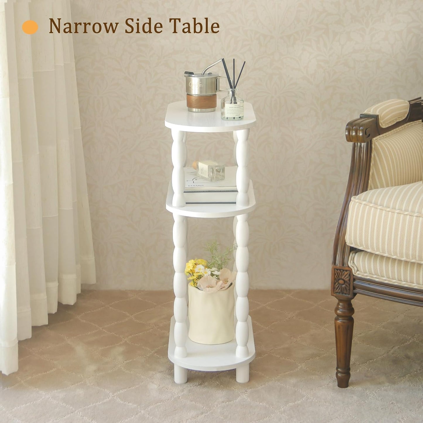 MaxSmeo Narrow Side Table, Small End Table with 3-Tier Open Shelf, Slim Bedside Table Nightstand for Small Spaces, Bedroom, Living Room (White)