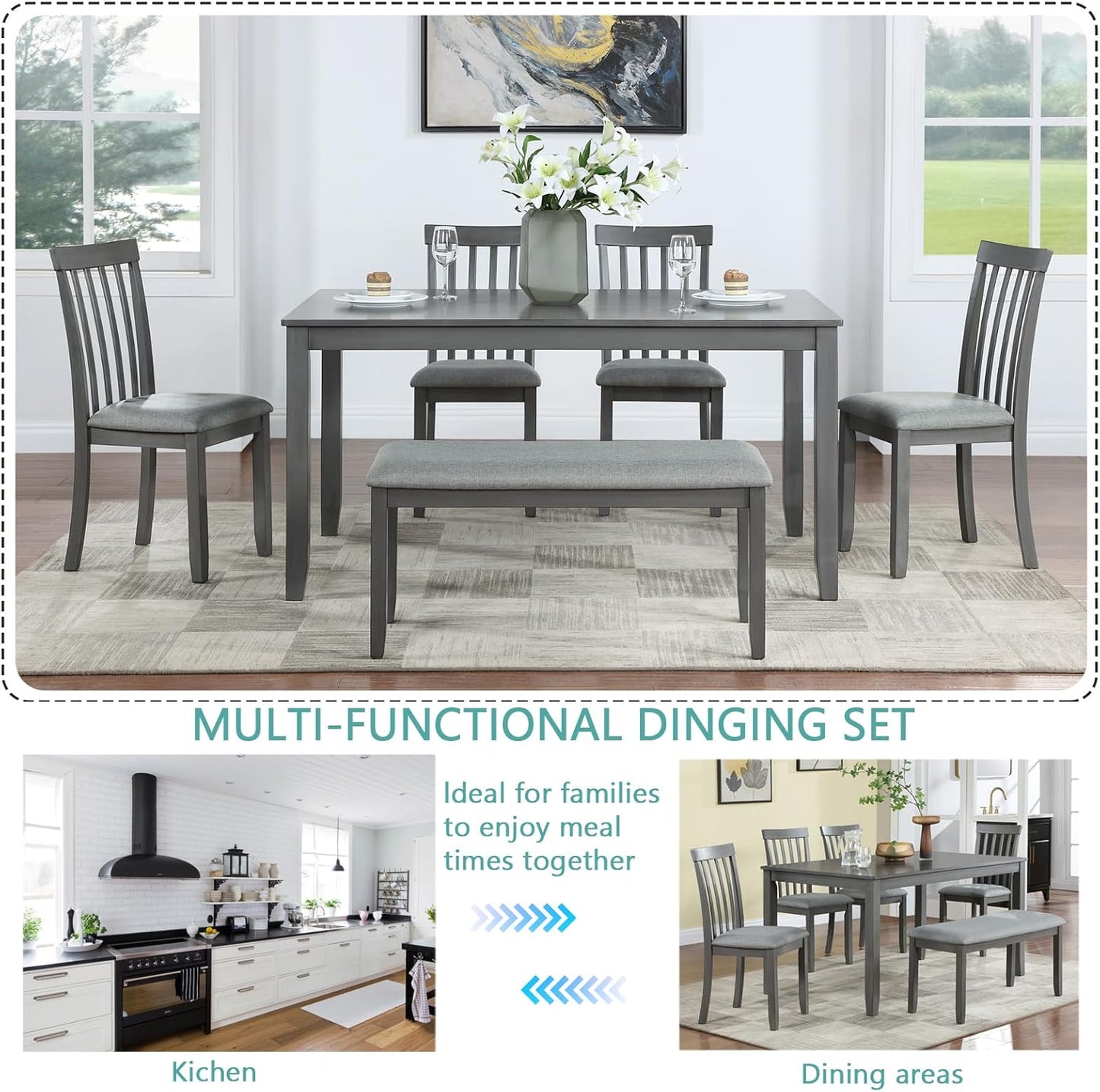 soges 6 Piece Kitchen Dining Table Set, Rectangular Wooden Dining Table with 4 Upholstered Chairs and a Bench for 6 People, Living Room, Home and Kitchen, Grey