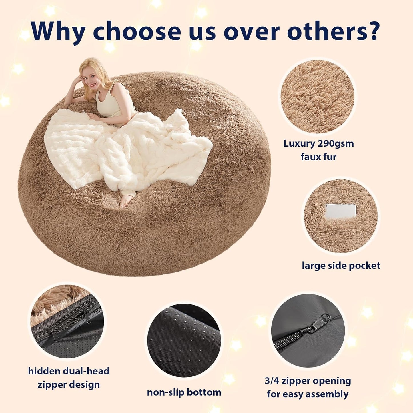 Big Bean Bag Cover Only, Washable Oversized Bean Bag Chairs Cover for Adults, Fluffy Plush Bean Bags Cover for Adults Teenagers without Filler Included, 7FT, Khaki