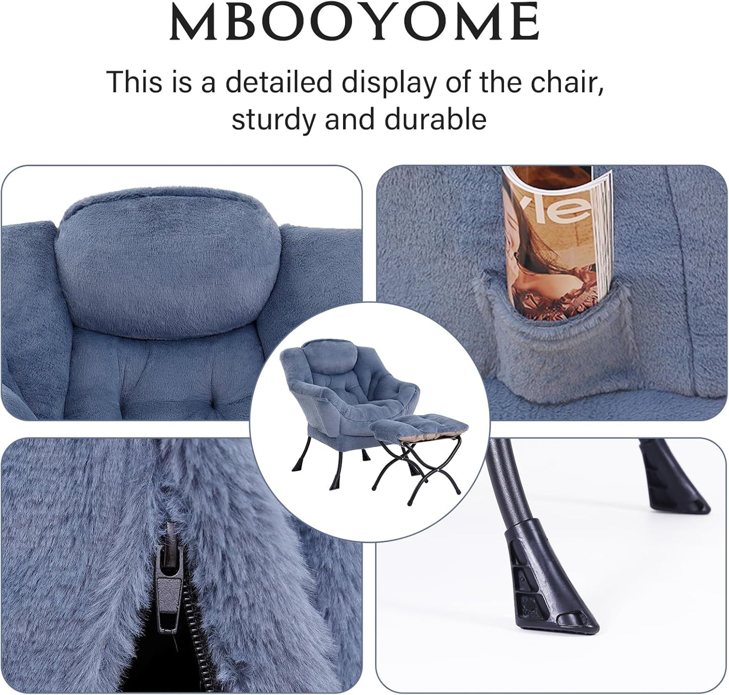 Lazy Chair with Folding Ottoman, Modern Accent Lounge Armchair with Armrests and a Side Pocket & Foldable Footstool, Leisure Reading Chair for Living Room, Bedroom & Dorm, Plush Light Blue