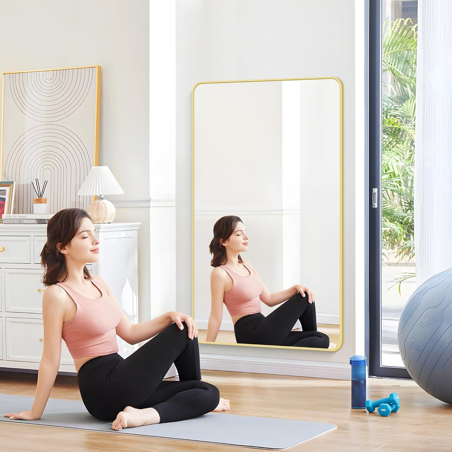 55x36 Inch Gold Bathroom Mirror, Metal Framed Large Rectangle Mirror, Rounded Rectangular Vanity Mirror, Wall Mounted Mirror for Over Sink Living Room Bedroom Entryway Horizontal/Vertical