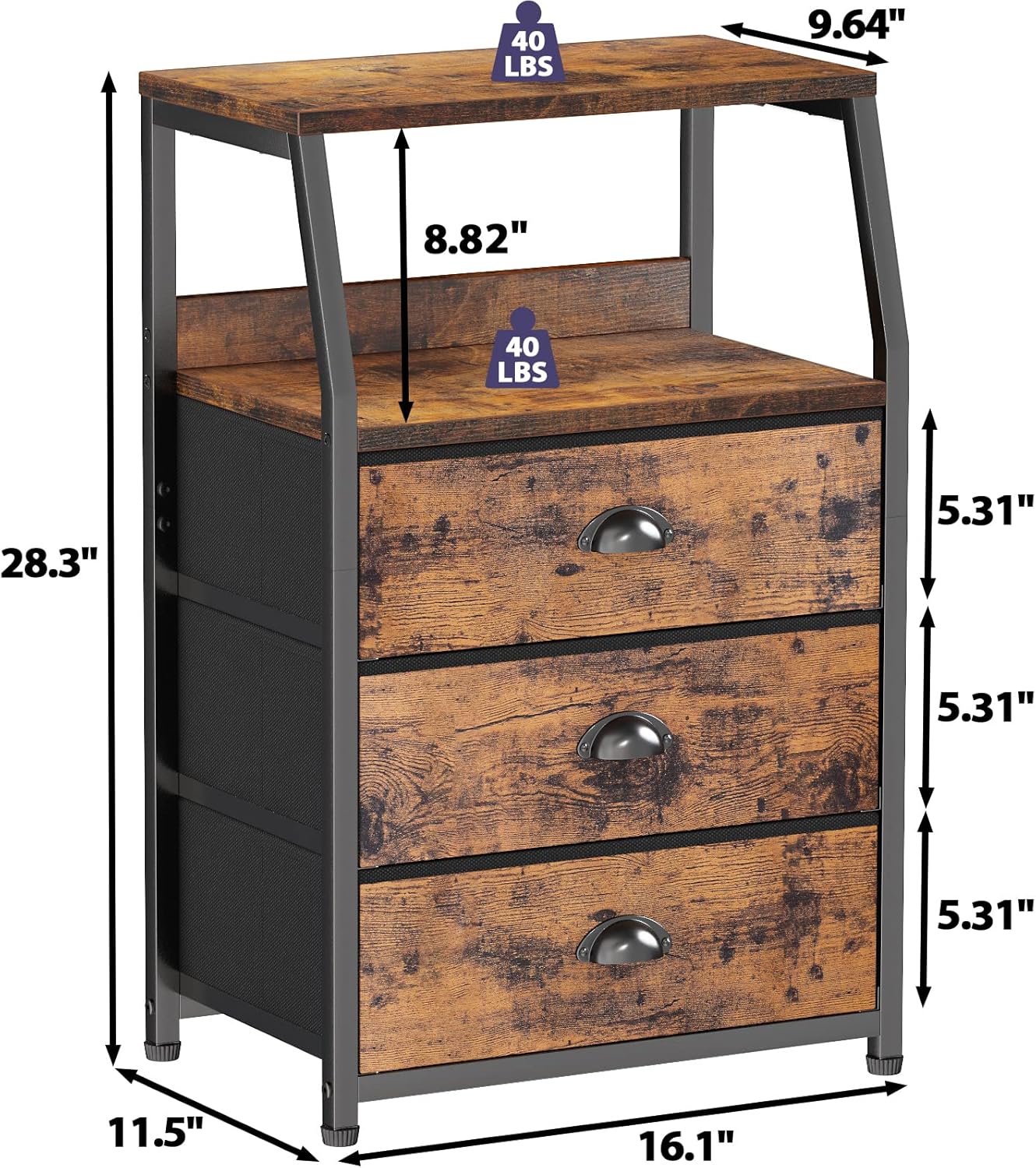 Furnulem Nightstand with 3 Drawers and 2-Tier Shelf, Fabric Small Dresser Organizer Vertical Storage Tower for Bedroom, Closet, Hallway, Nursery, End Table Side Furniture, Sturdy Steel Frame, Wood Top