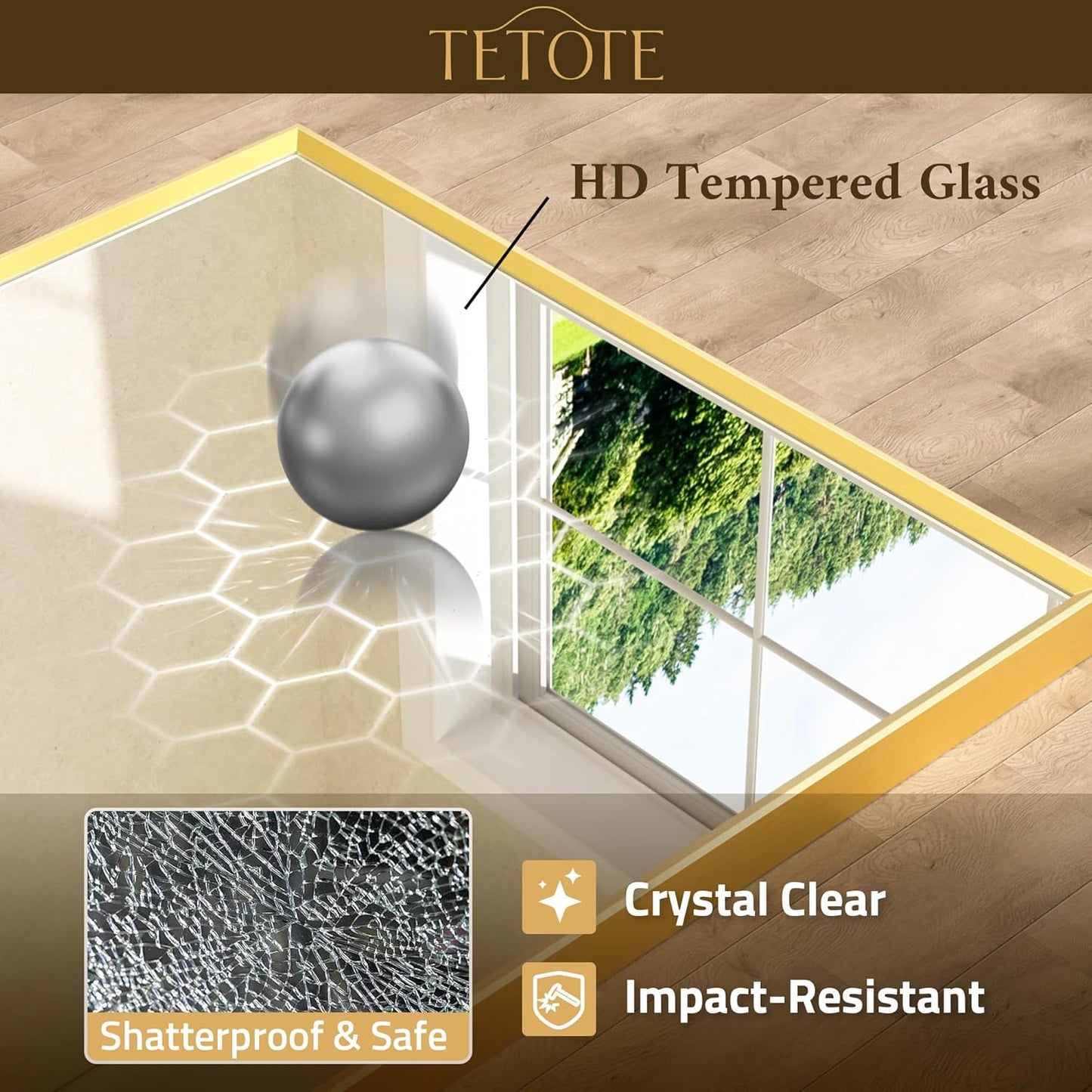 TETOTE Brushed Gold Mirror Beveled Frame 60" x 36" Large Brass Gold Rectangle Bathroom Vanity Wall Mirror for Over Sink, Modern Farmhouse, Tempered Glass, Shatterproof, Stronger Frame