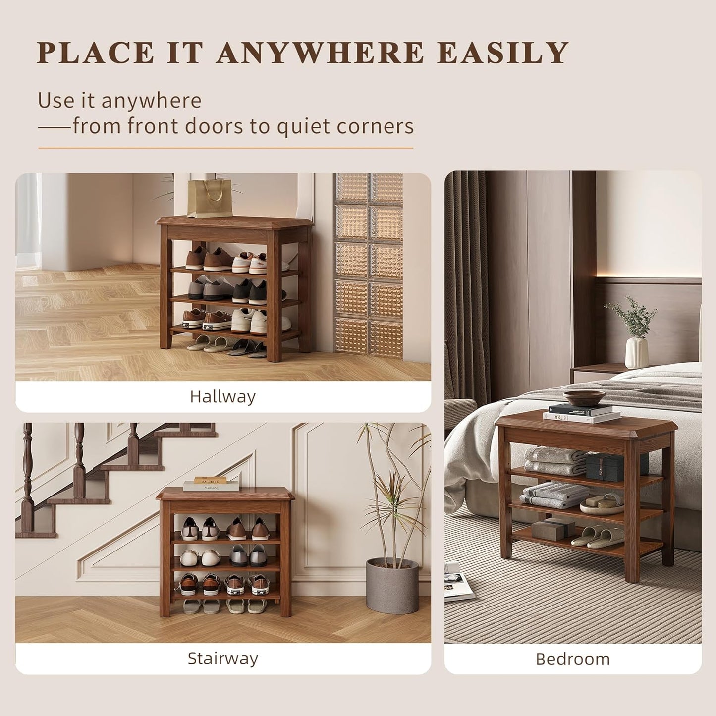 Shoe Rack for Front Door Entrance, Solid Wood Shoe Bench for Closet, Holds Up to 550lbs, Shoe Rack Bench for Entryway, Mudroom, Hallway