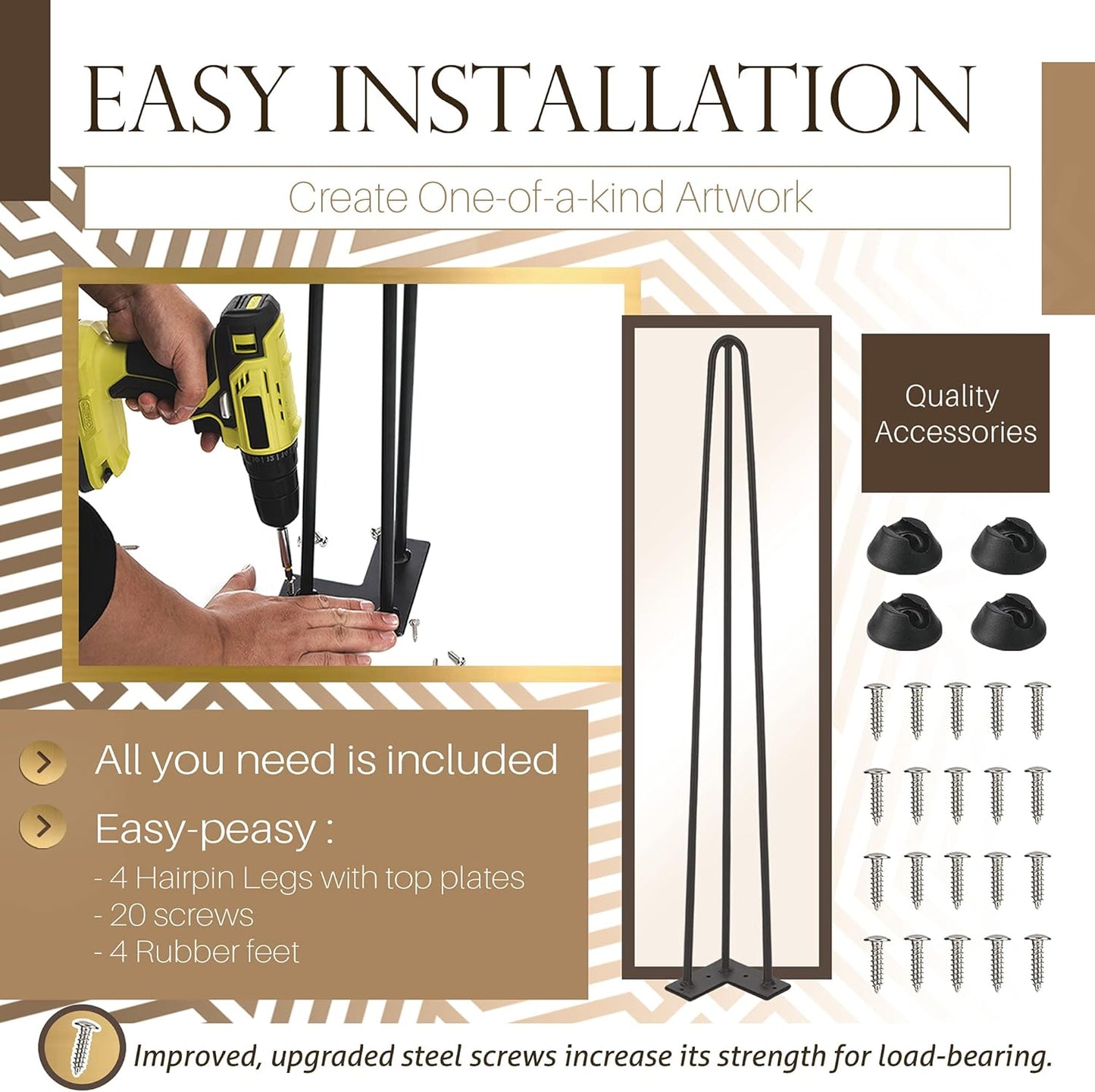 TEN49 Heavy Duty Hairpin Table Legs - 34 Inch Industrial Black Furniture Legs - 1/2" Extra Thickness 3 Solid Rods Metal Table Legs - Fit for Mid-Century Modern Console Desk, Entryway Table Legs