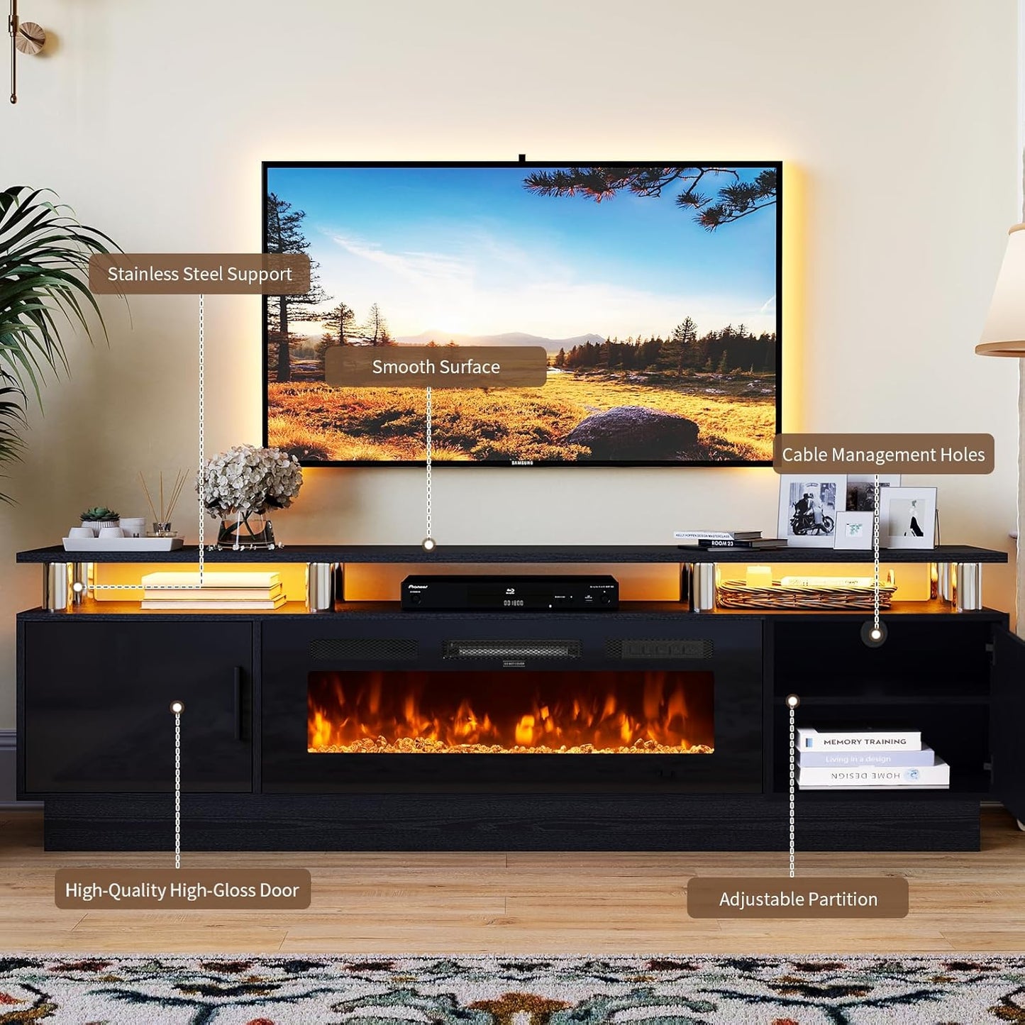 70" TV Stand for Living Room, Modern Entertainment Center & Media Console, Fits TVs up to 80", Storage Cabinet with Shelves, 36" Electric Fireplace with LED Flame (All Black)