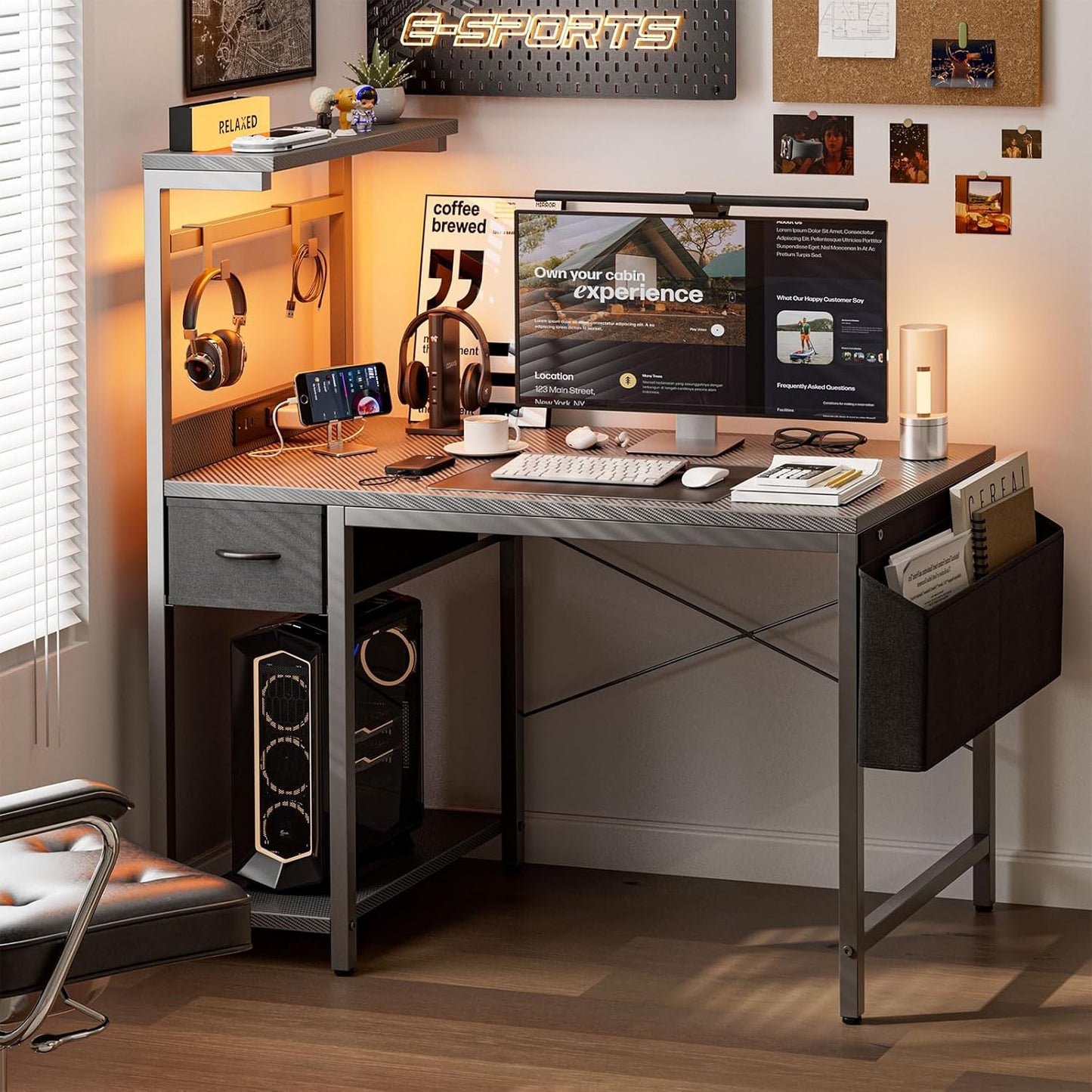 Gaming Desk 47 Inch with Power Outlet and LED Light, Computer Desk with Reversible Shelves and Storage Drawer, Pc Small Desk for Home Office Table with Bag, Carbon Fiber Grey