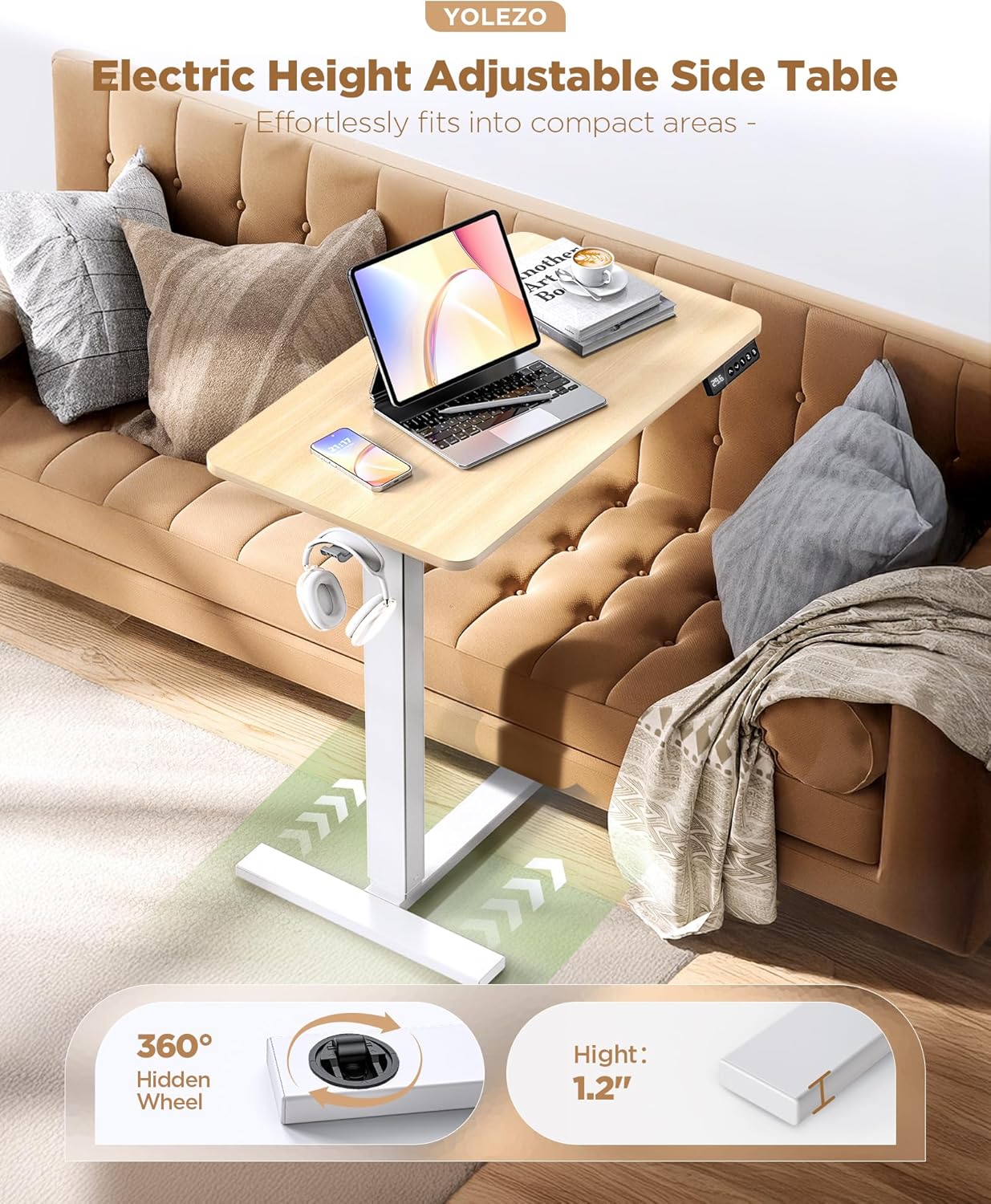 Electric Adjustable Height Standing Desk - Small Sit Stand Portable Rolling Laptop Table with Hidden Wheels, Small Computer Workstation for Bedside & Home Office Use (28"x16", Oak)