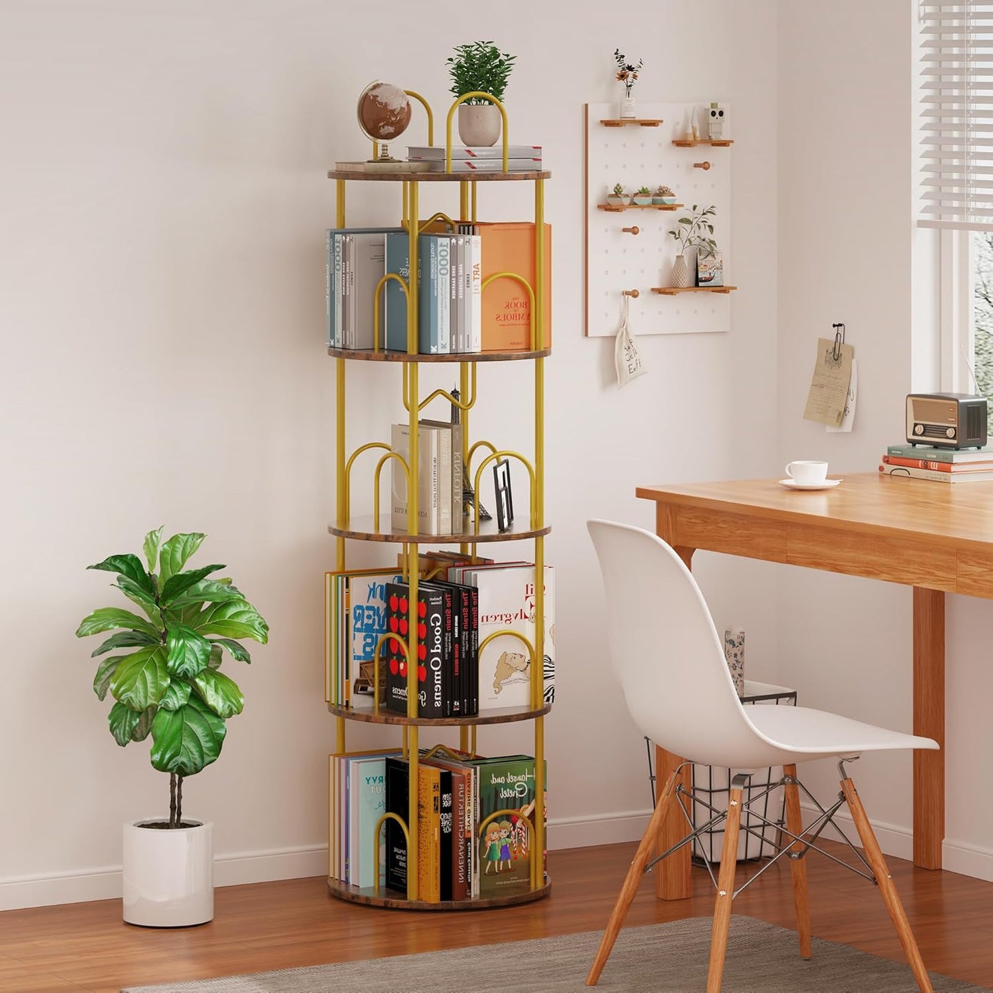 4 Tier Rotating Bookshelf, 360° Spinning Bookshelf Tower, Round Narrow Space Saving for Books and Display, Revolving Bookcase Corner Tall Book Shelf for Small Spaces, Bedroom, Living Room, Gold