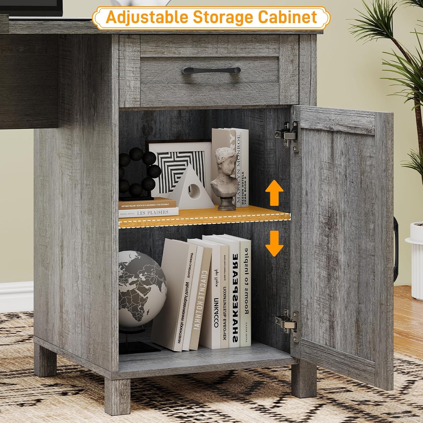 59” L Shaped Executive Desk with Power Outlets, Farmhouse Home Office Desk with Flie Drawer,Stroage Cabinet, Wood Corner Sturdy Writing Workstation.(Gray.