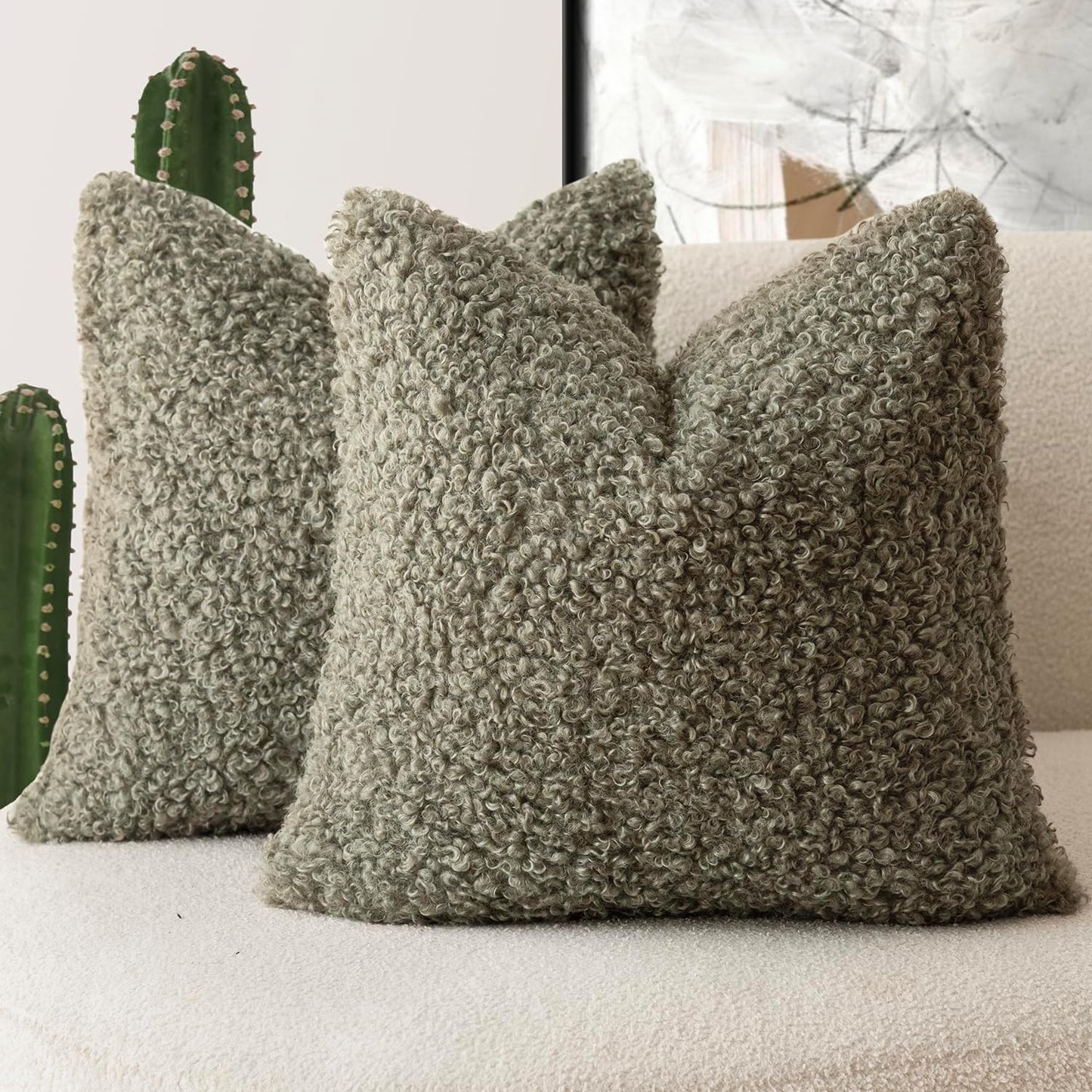 Foindtower 2 Pieces 24x24 Inch Sage Green, Faux Fur Throw Pillow Cover Accent Sherpa Pillow Fuzzy Soft Pillowcases Sheepskin Decorative Fleece Cushion Case for Bed Couch Living Room