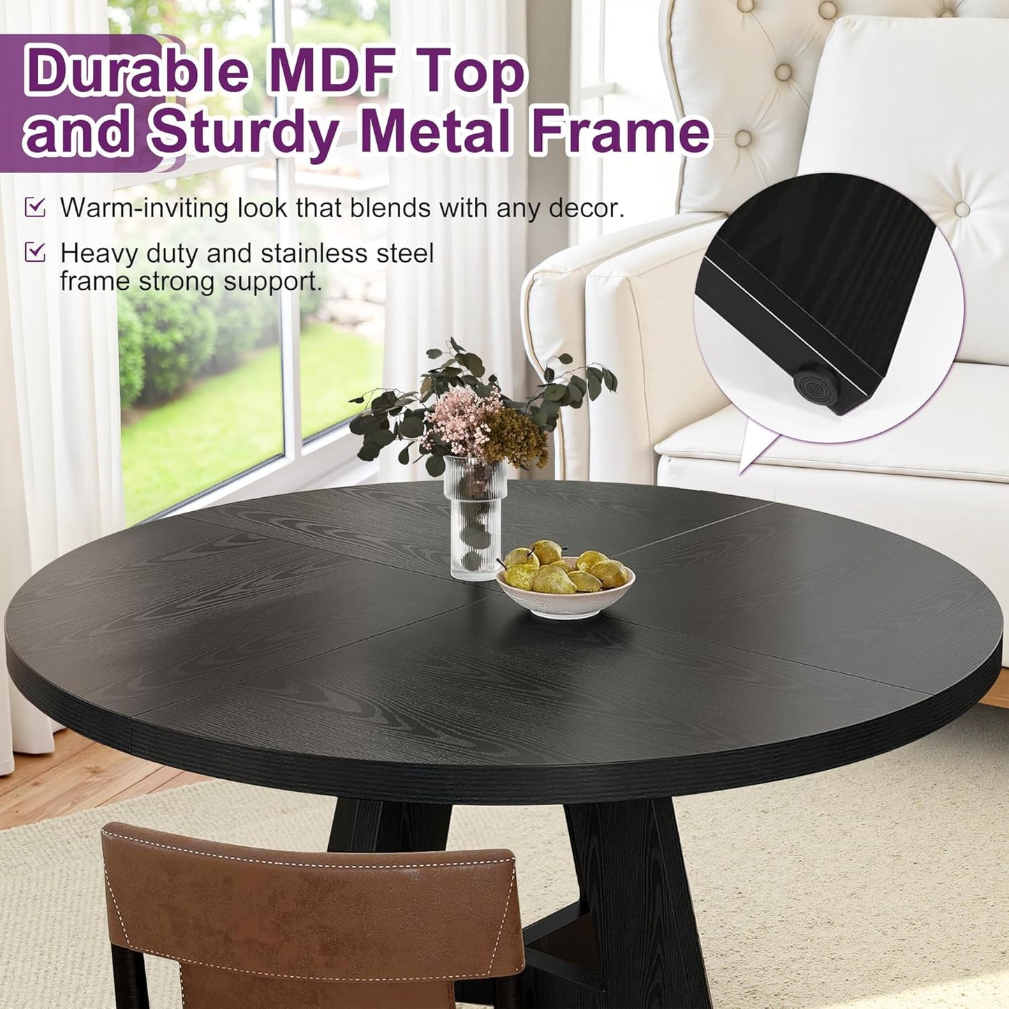 Round Dining Table for 4, 47" Wooden Kitchen Dinner Table Rustic, Farmhouse Table for Dining Room, Living Room, Black