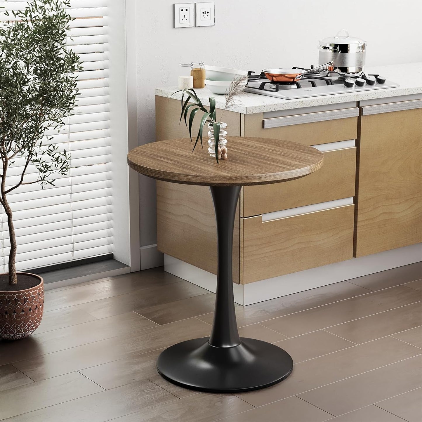 24 inch Small Tulip Table for 2 Person, Walnut Round Dining Table for Kitchen, Leisure Wood Mid Century Modern Table with Metal Pedestal Base for Cafe, Living Room, Bar, Circle Bistro Tables