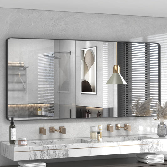 60x28 Black Framed Bathroom Mirror, Large Matte Black Bathroom Vanity Mirror for Wall, Rounded Rectangle Bathroom Mirror, Shatterproof (Horizontally/Vertically)