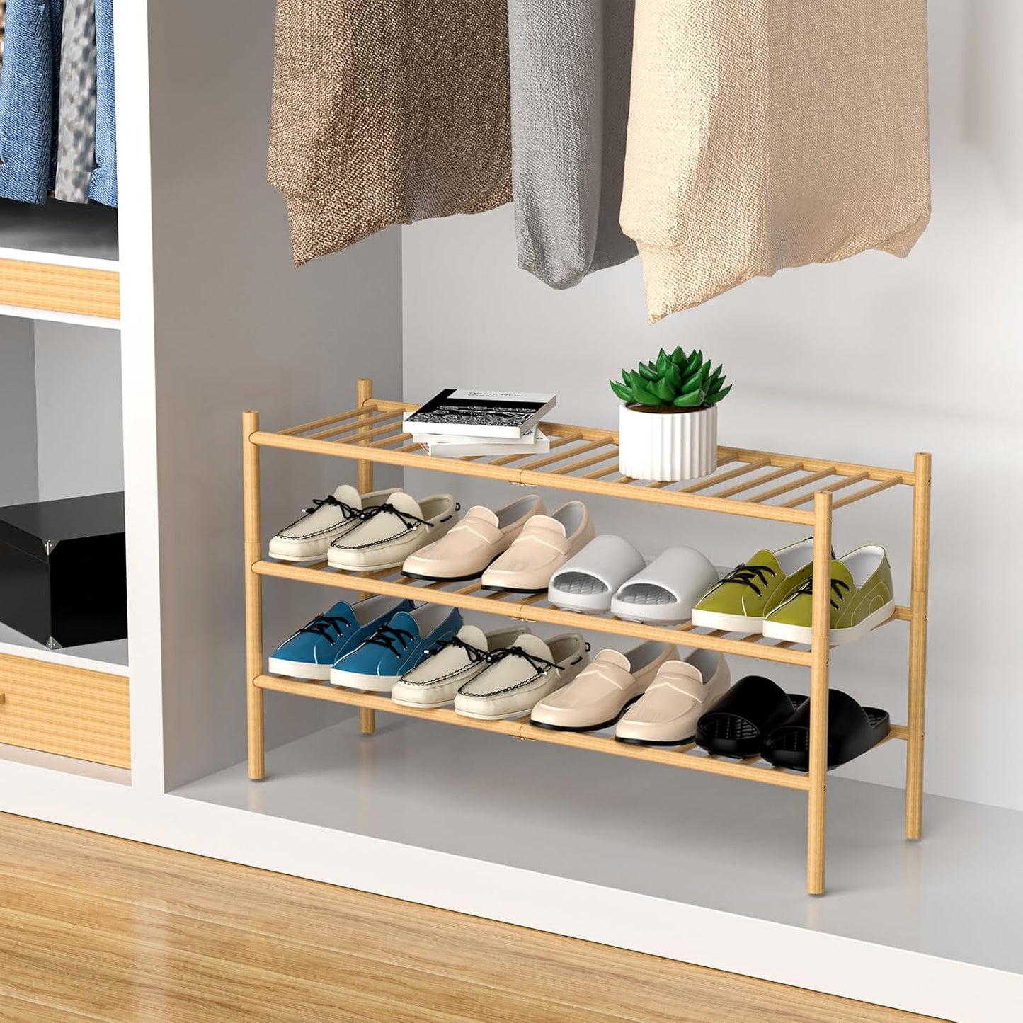 3-Tier Bamboo Long Shoe Rack, Free Standing Wood Shoe Shelf Storage Organizer for Closet Entryway Stackable 35"x11"x20" (Natural)