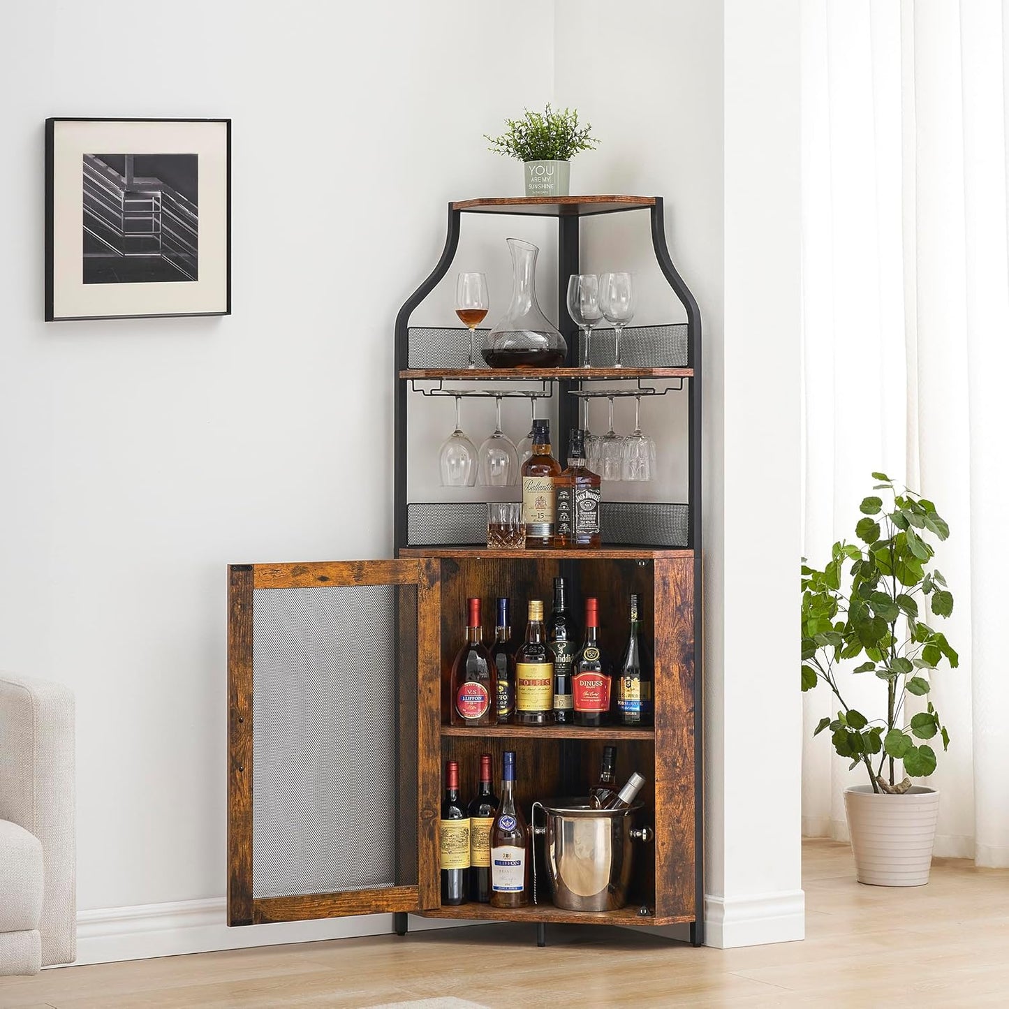 GarveeHome Corner Wine Cabinet with Detachable Wine Rack, 5-Tier Industrial Corner Bar Cabinet with Barn Door and Glass Holder, Farmhouse Buffet Cabinet and Home Bar, Rustic Brown