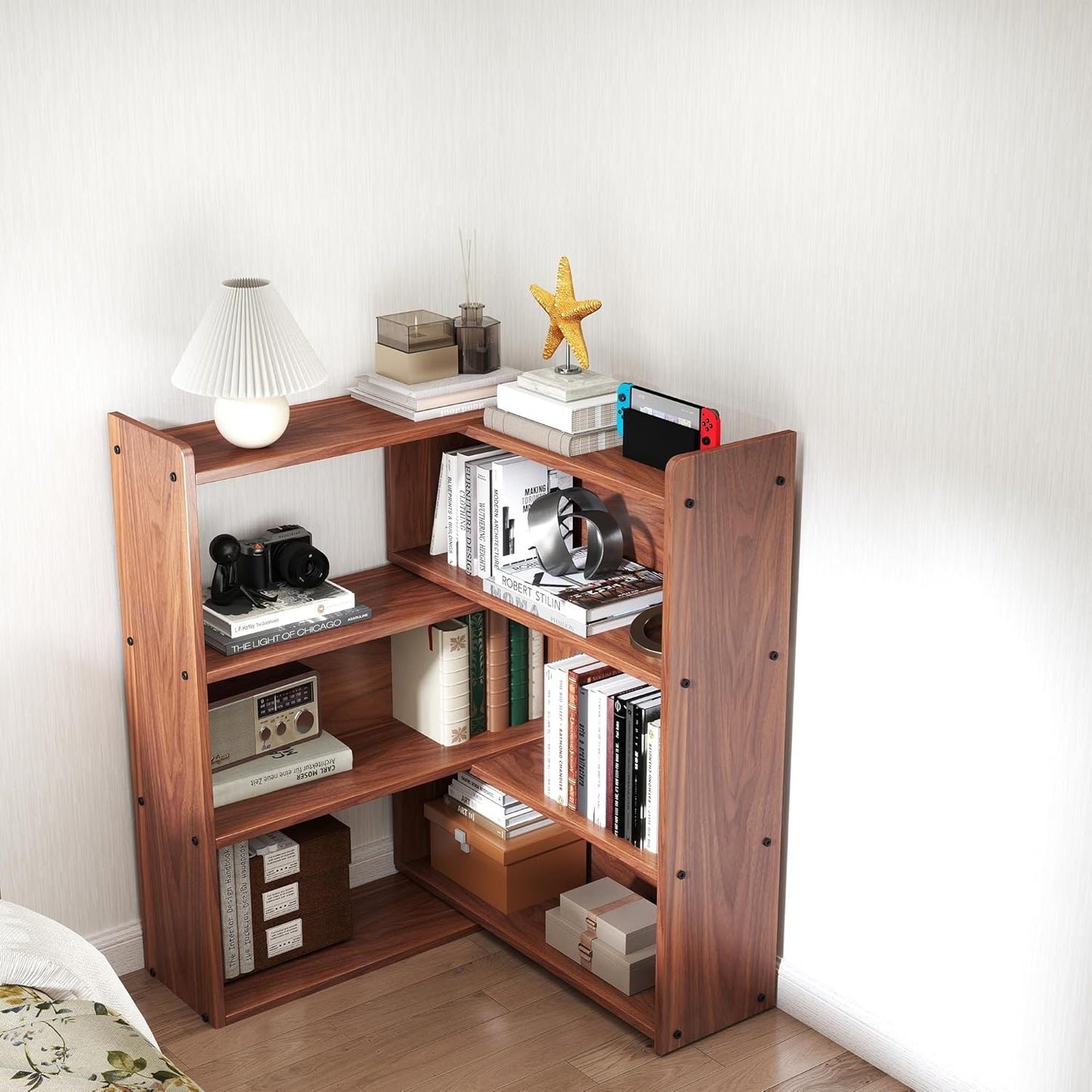 Open Shelf Low Bookcase,Wooden 4-Tier Floor Standing Expandable 25-47 inch Wide Bookcase,with Side Panels Frame for Home and Office (Walnut)