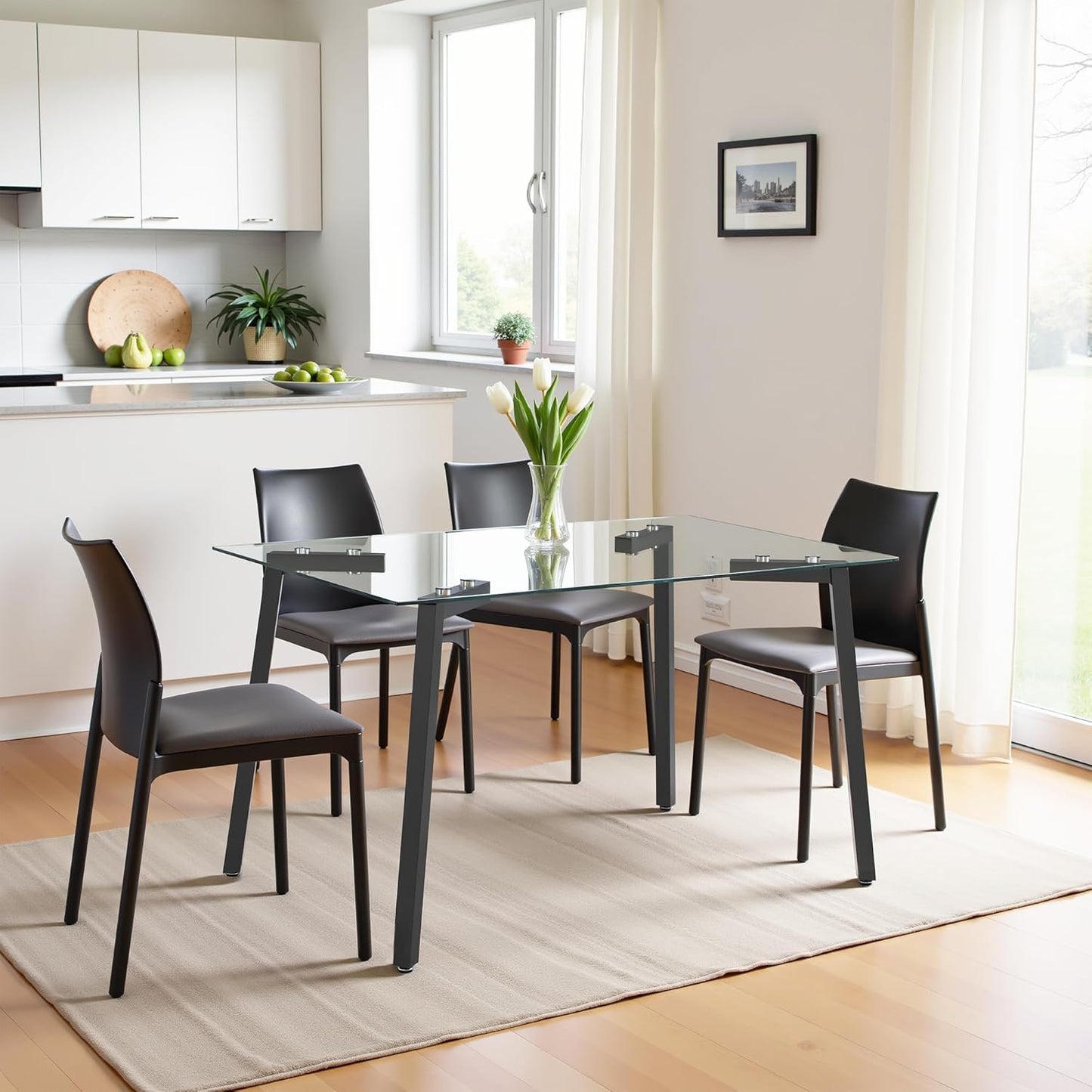 Dining Table for 6 Kitchen Table 51" Rectangular Modern Glass Dining Table Kitchen & Dining Room Tables with Glass Tabletop and Metal Legs for Dining Room and Kitchen, Black