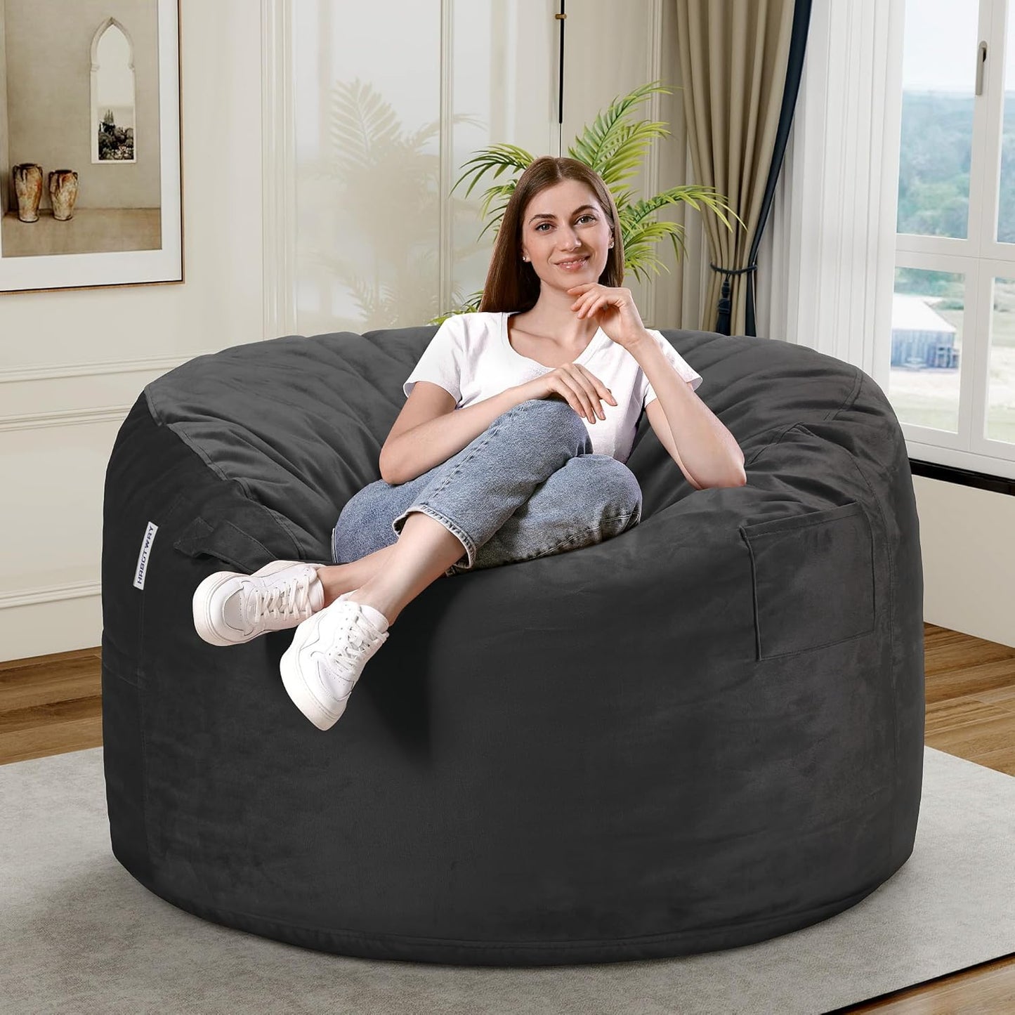 HABUTWAY Bean Bag Chair 3Ft Luxurious Velvet Ultra Soft Fur with High Rebound Memory Foam Bean Bag Chairs for Adults Plush Lazy Sofa with Fluffy Removable Sponge 3' (Grey)