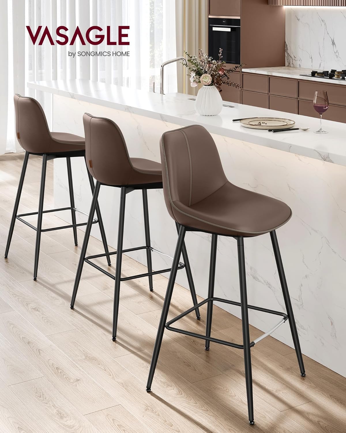VASAGLE Bar Stools Set of 2, Bar Height Bar Stools with Back, Ergonomic Backrest, Synthetic Leather, Metal Legs, 28.7-Inch Tall Barstools for Kitchen Island Home Bar, Easy Assembly, Chestnut Brown