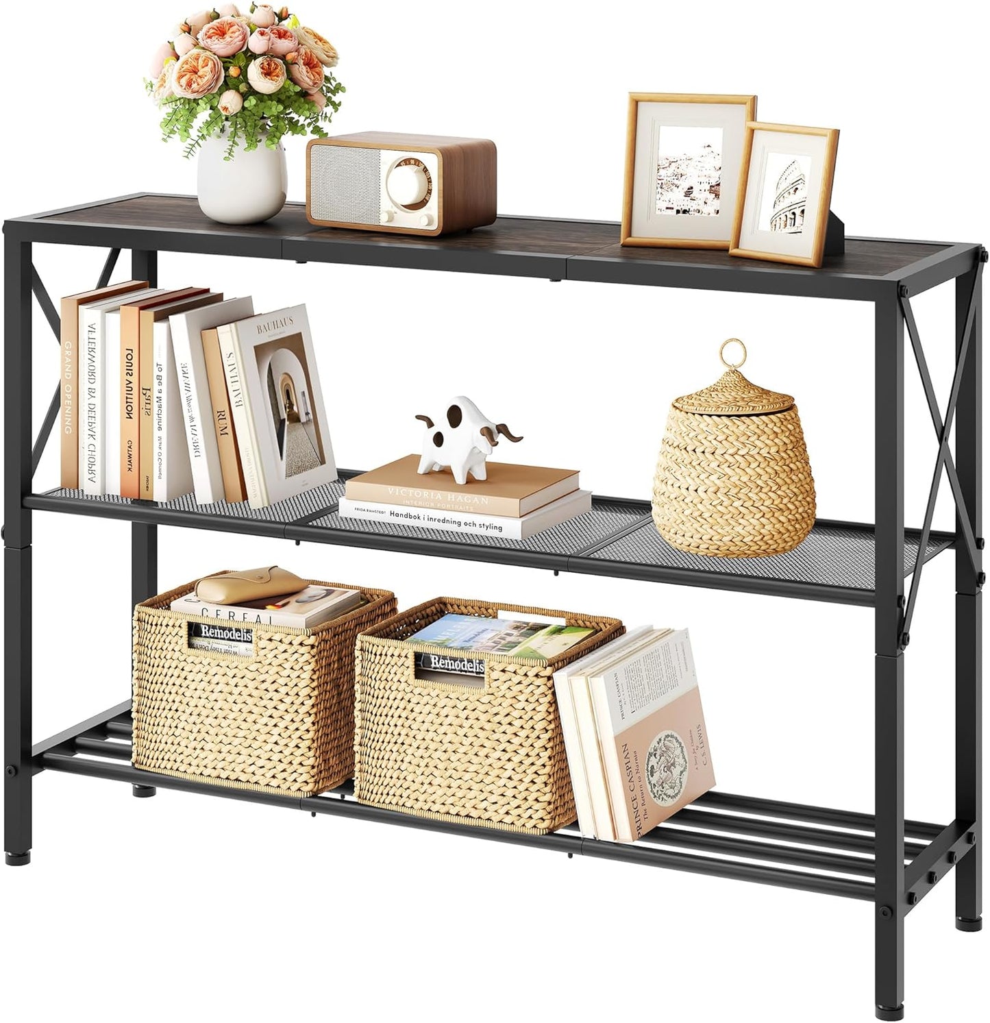 Hoctieon Industrial Console Table, 3 Tier Entryway Table, Hallway Table, Narrow Sofa Table with Shelves, Entrance Table for Entryway, Living Room, Foyer, Hallway, Office, Grey
