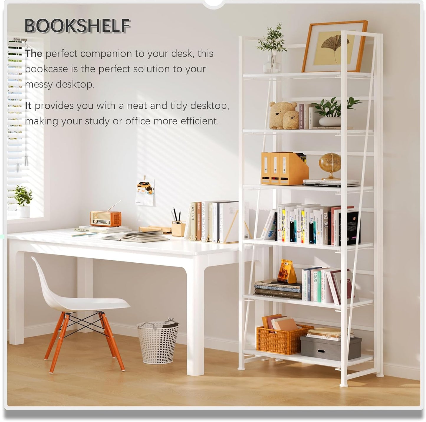 4NM No Assembly Folding Bookshelf, 6-Shelf 74" H Collapsible Foldable Bookcase Storage for Small Spaces, All White