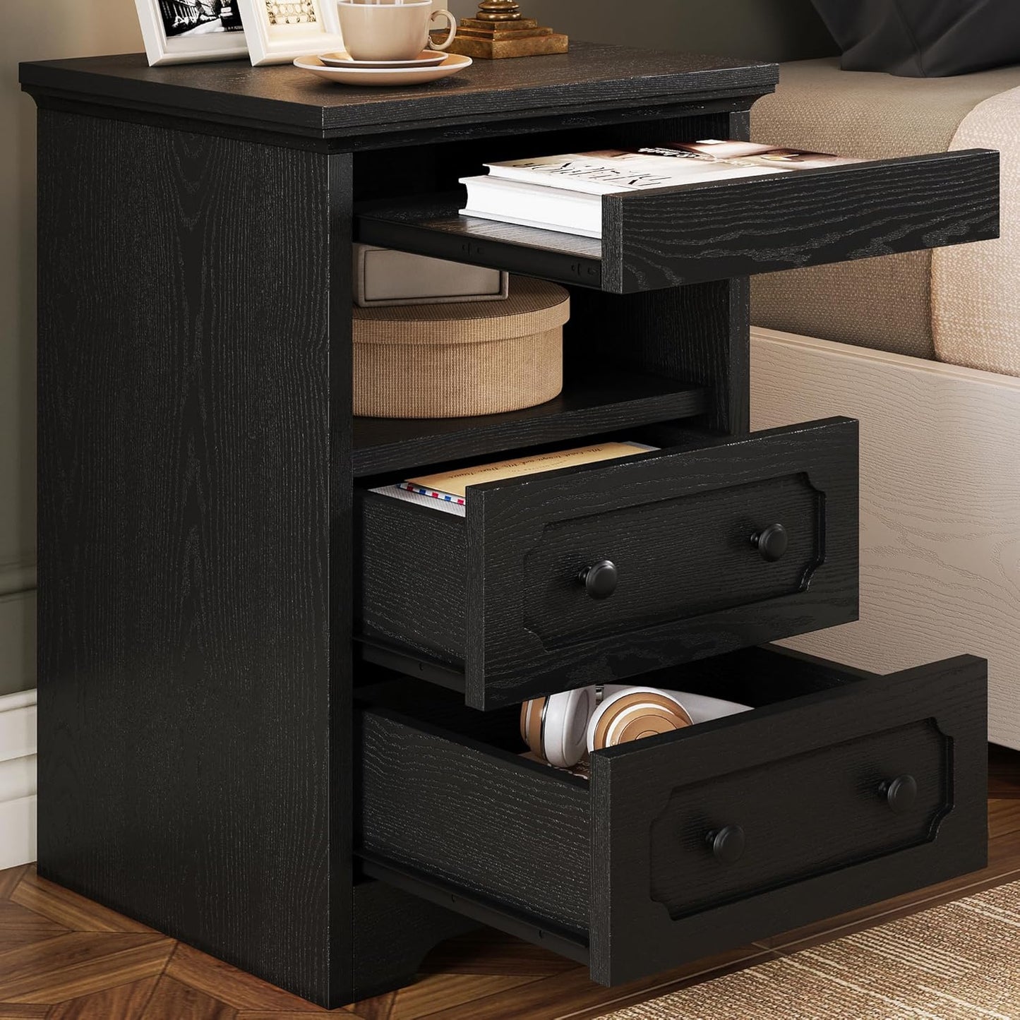 LIKIMIO Night Stand, Modern Bedside Table with 2 Drawers, Open Shelf, End Table with Pull-Out Tray, Wood SideTable, Black