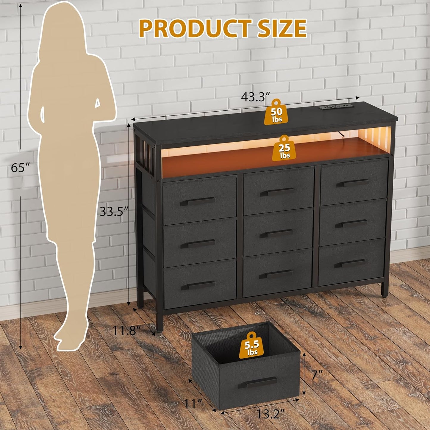 9 Drawer Dresser TV Stand with LED Lights & Power Outlets, Entertainment Center with Open Shelf, Media Console for 50” TV, Large Storage Dresser for Bedroom (Black)