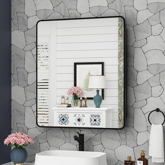 30x32 Inch Bathroom Medicine Cabinet with Mirror Black Metal Framed Mirror Cabinet Recessed or Surface Wall Mounted Medicine Cabinets for Bathroom