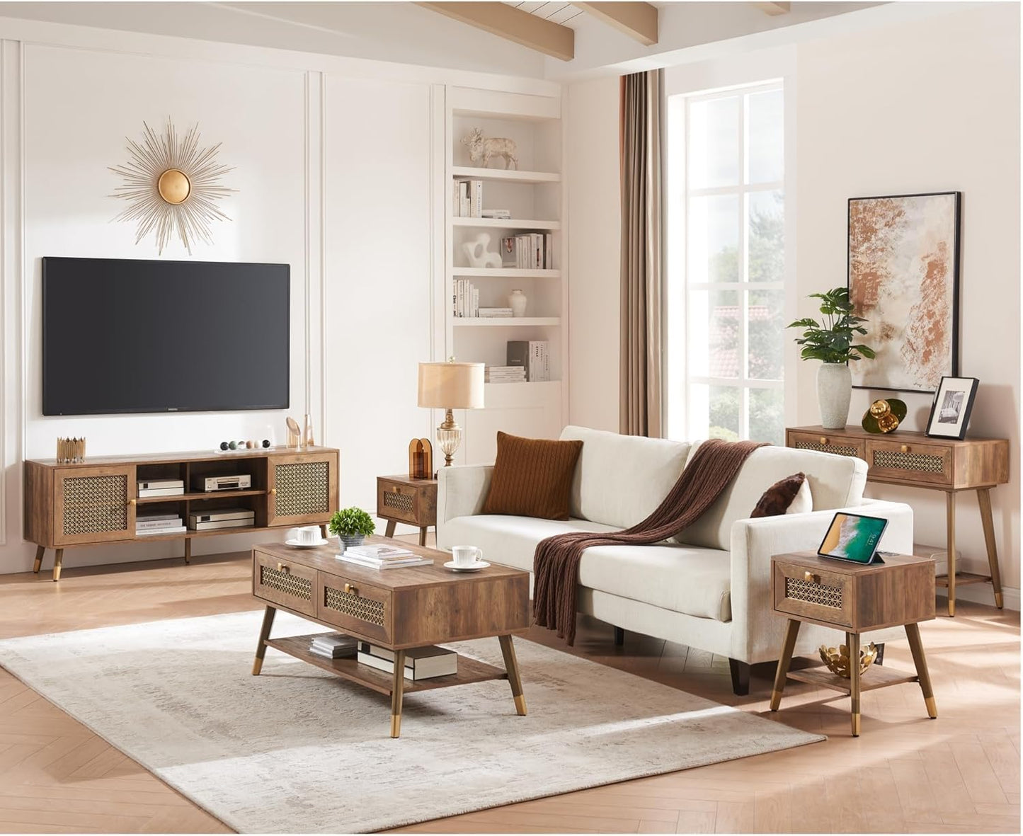 Boho Style Living Room Side Table, Wood End Table with Drawer and Shelf, Small Nightstand for Bedroom, Rustic Oak