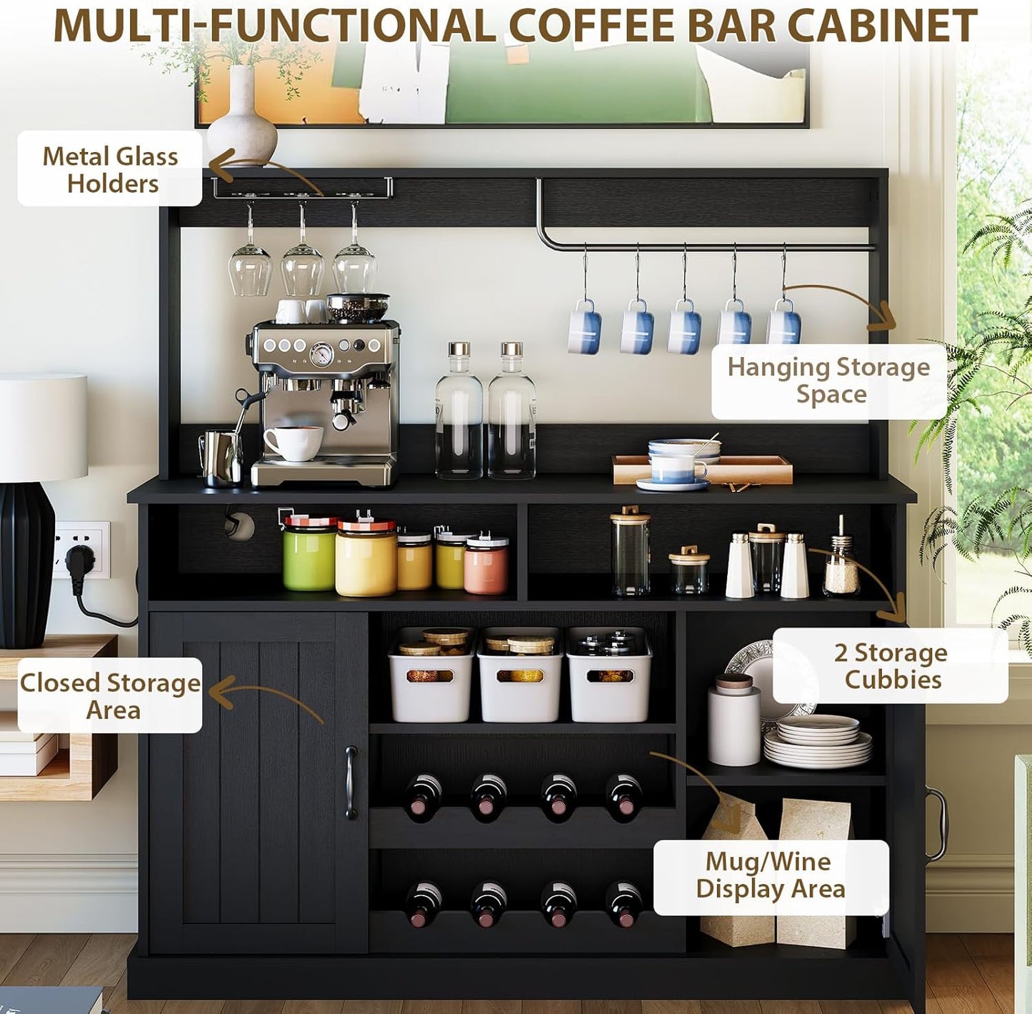 47" Farmhouse Buffet Sideboard Cabinet with Power Outlets Coffee Bar Cabinet with Storage, Large Buffet Storage Cabinet Table with Wine Racks, Goblet Holder, Hooks for Kitchen, Dining Room, Black