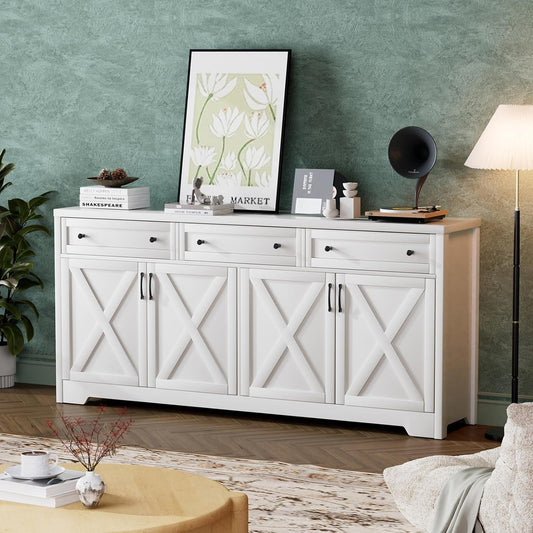 66'' Farmhouse Sideboard Buffet Cabinet with Storage, Large Kitchen Storage Cabinet with Barn Doors Drawers, White Coffee Bar Table for Dining Room Kitchen