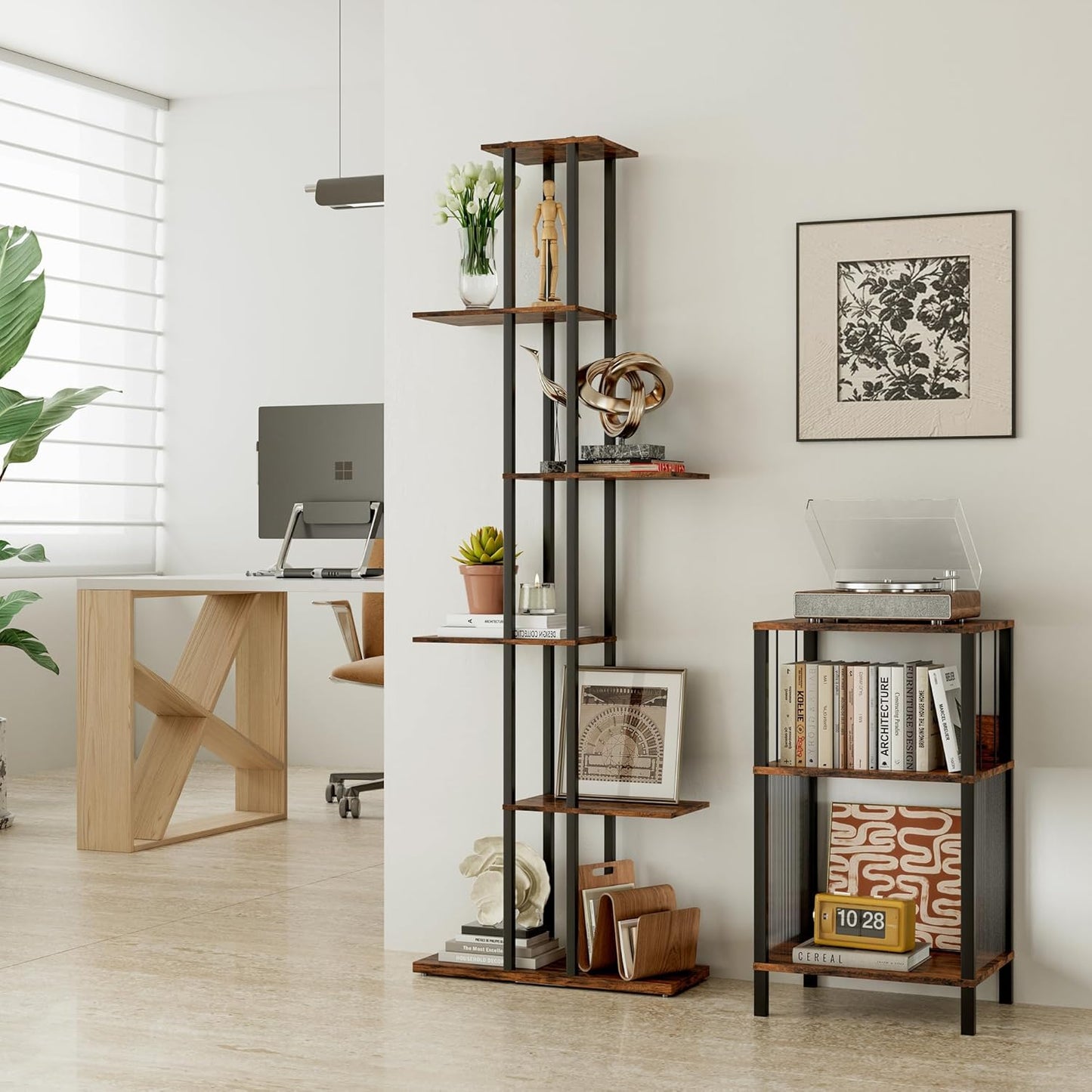 Bookshelf，Small Bookcase for Small Space，6-Tier Bookshelf for Living Room, Home Office, Study，9.45 x 20.8 x 62.2 Inches,Rustic Borwn