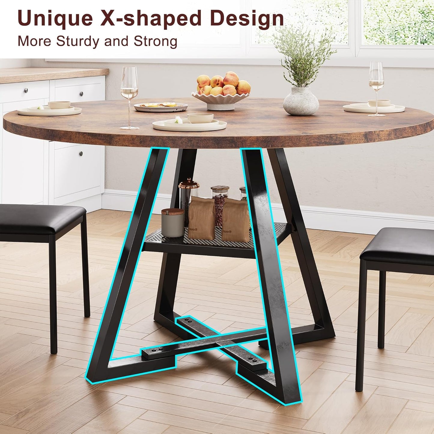 Round Dining Table Set for 4, Kitchen Table and Chairs for 4, Circle Table Round Pedestal Dining Room Dinner Dinette Table Set,5 Piece Space Saving Wood Kitchen & Dining Room Tables Set Furniture