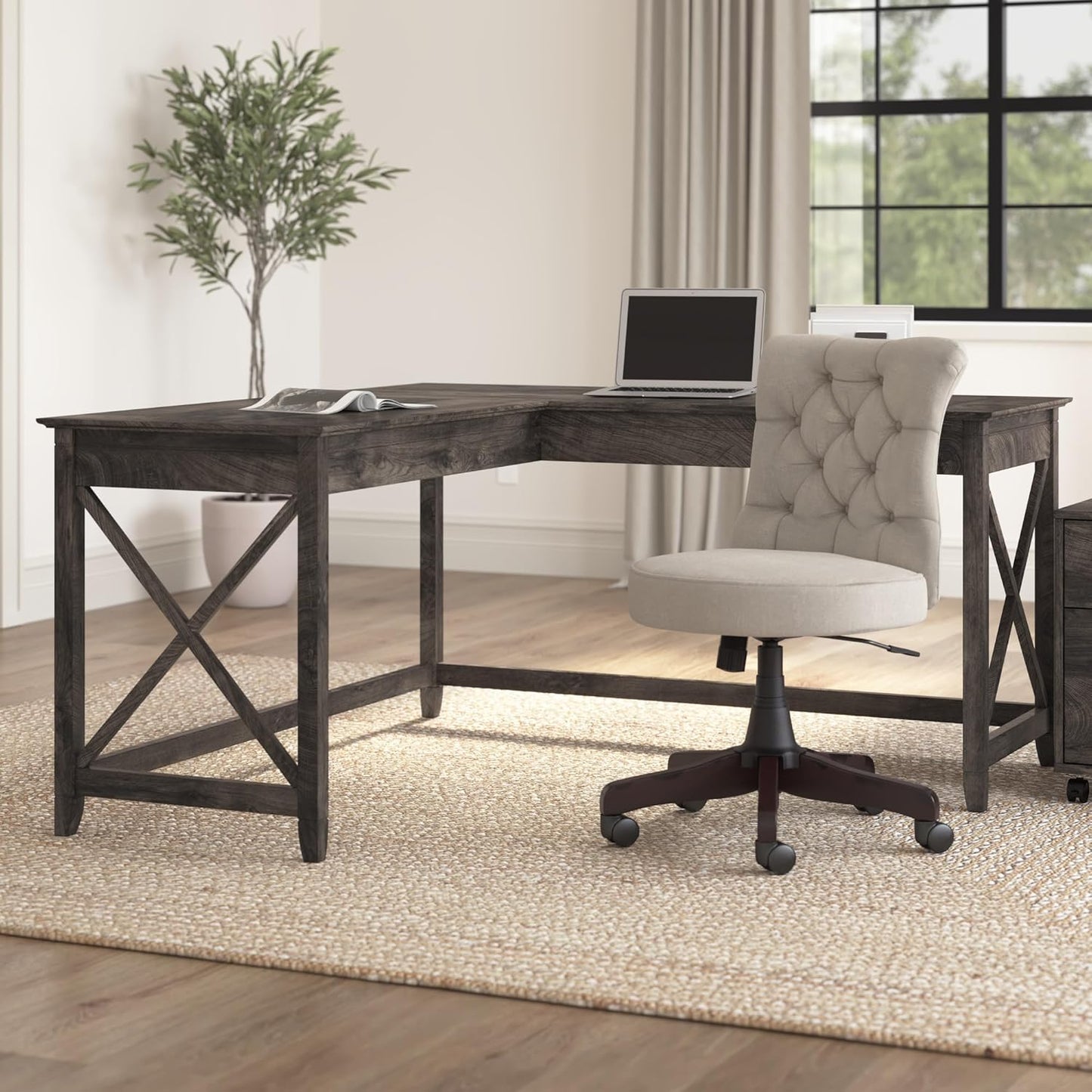 Bush Furniture Key West L Shaped Desk, 60-inch Modern Farmhouse Writing Desk for Home Office