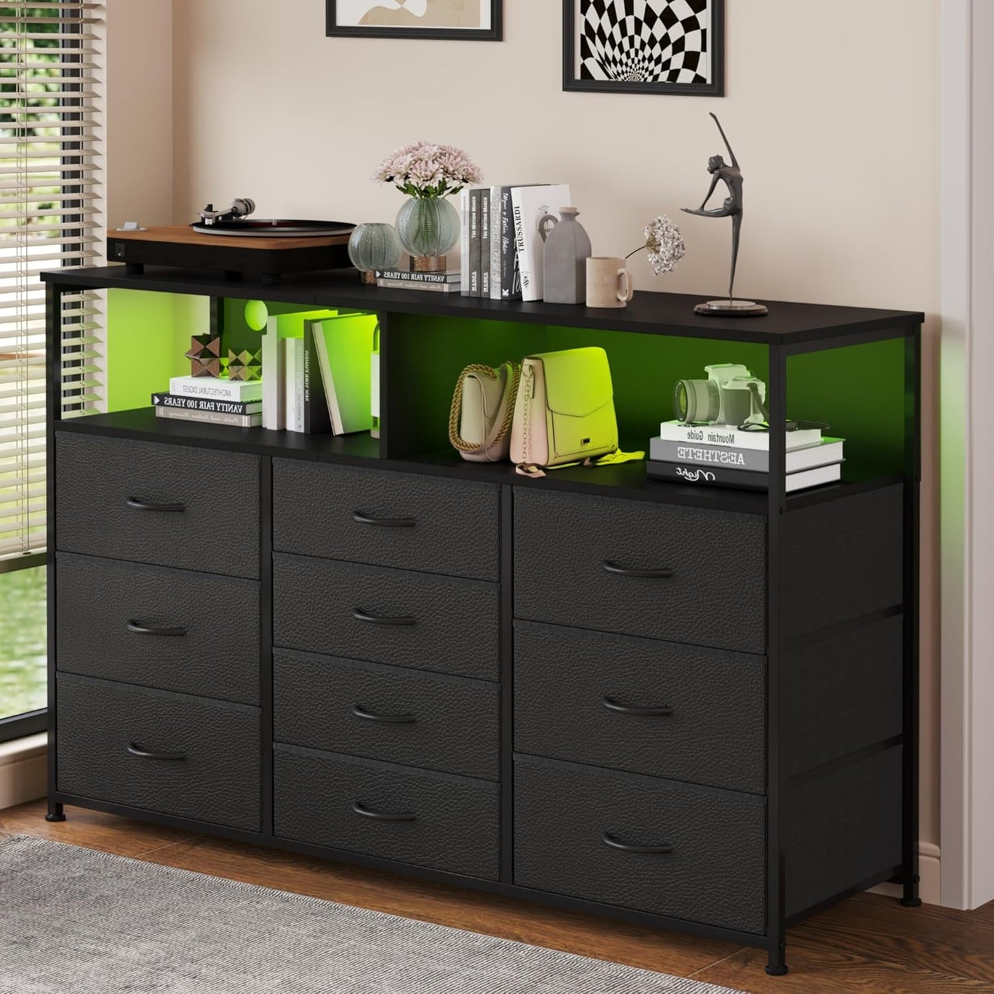 55W 10-Drawers Dresser with 2 Open Storage Shelves, TV Stand Dresser for 55,65 inch TV，with Power Outlets and LED Lights, Fabric Dressers Drawers for Bedroom, Living Room (Black)