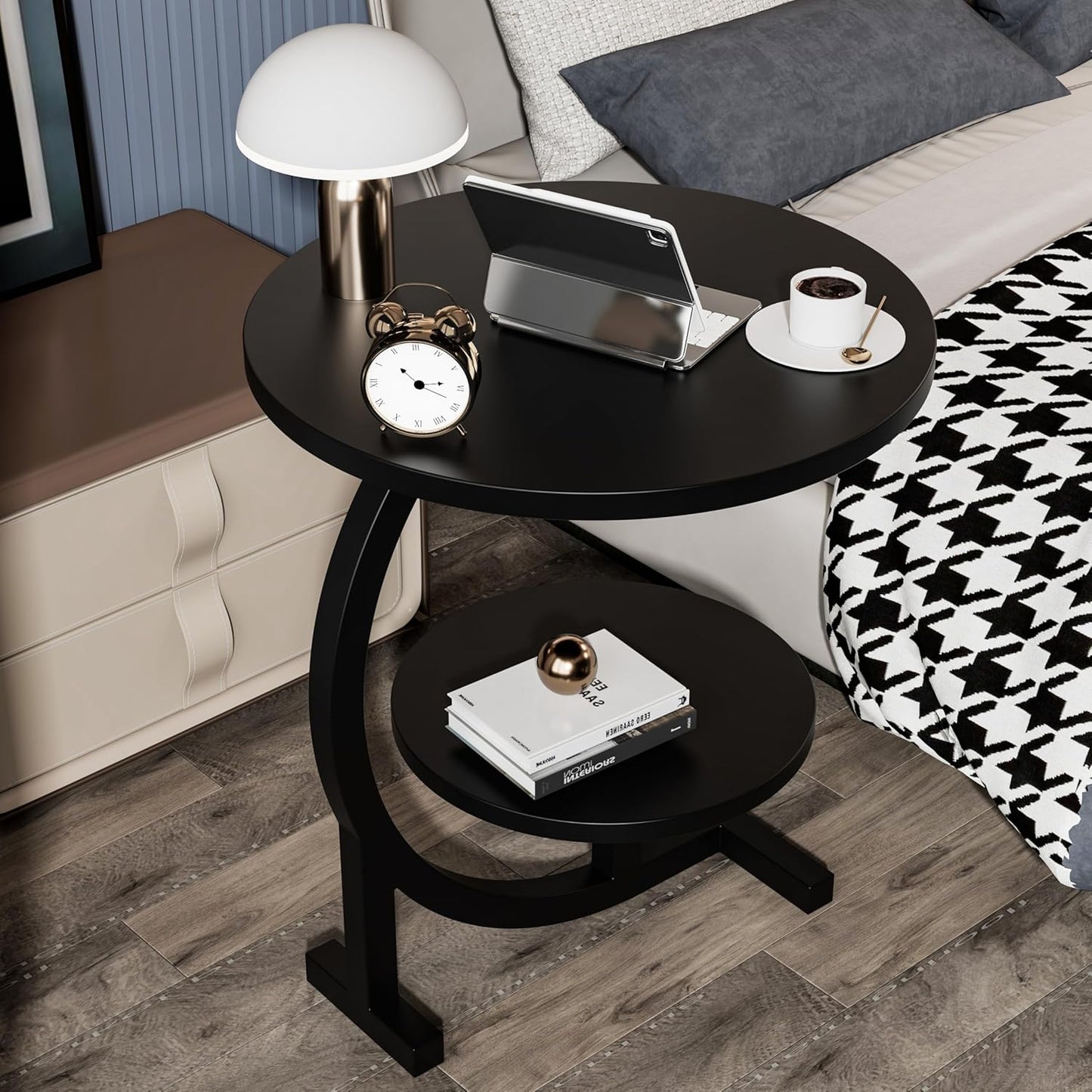 C-Shaped End Table,2 Tiers Round Side Table,Sofa Small Side Table for Living Room, Bedroom,Bedside Small Space,Black