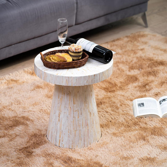 PEMAR Mother of Pearl Pedestal Side Table Modern Mushroom Minimalist Drink Accent End Table for Small Space, Bedside for Bedroom, Living Room, Hallway (White & Cream Sunlight)